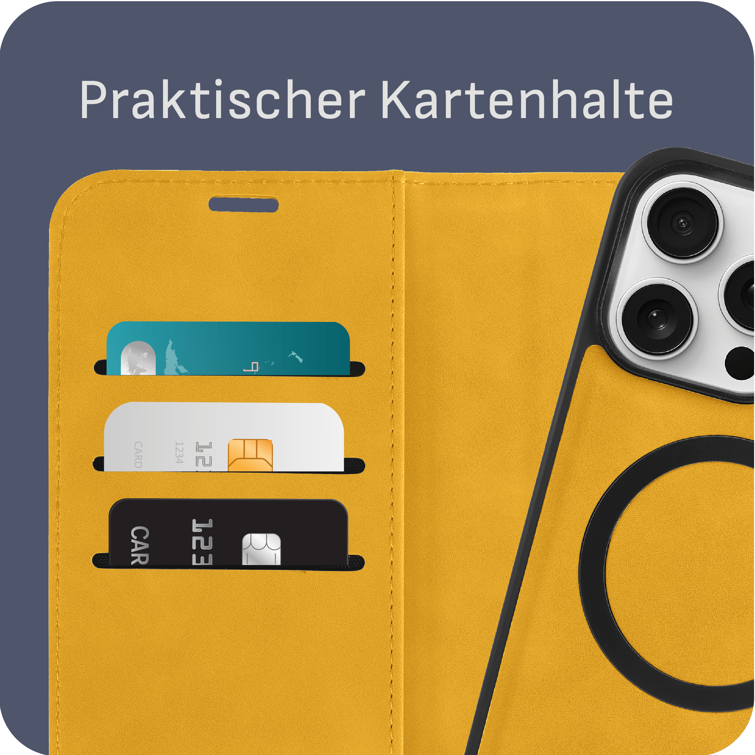 Eine gelbe Handyhülle mit drei Kartenfächern, in denen Karten stecken.