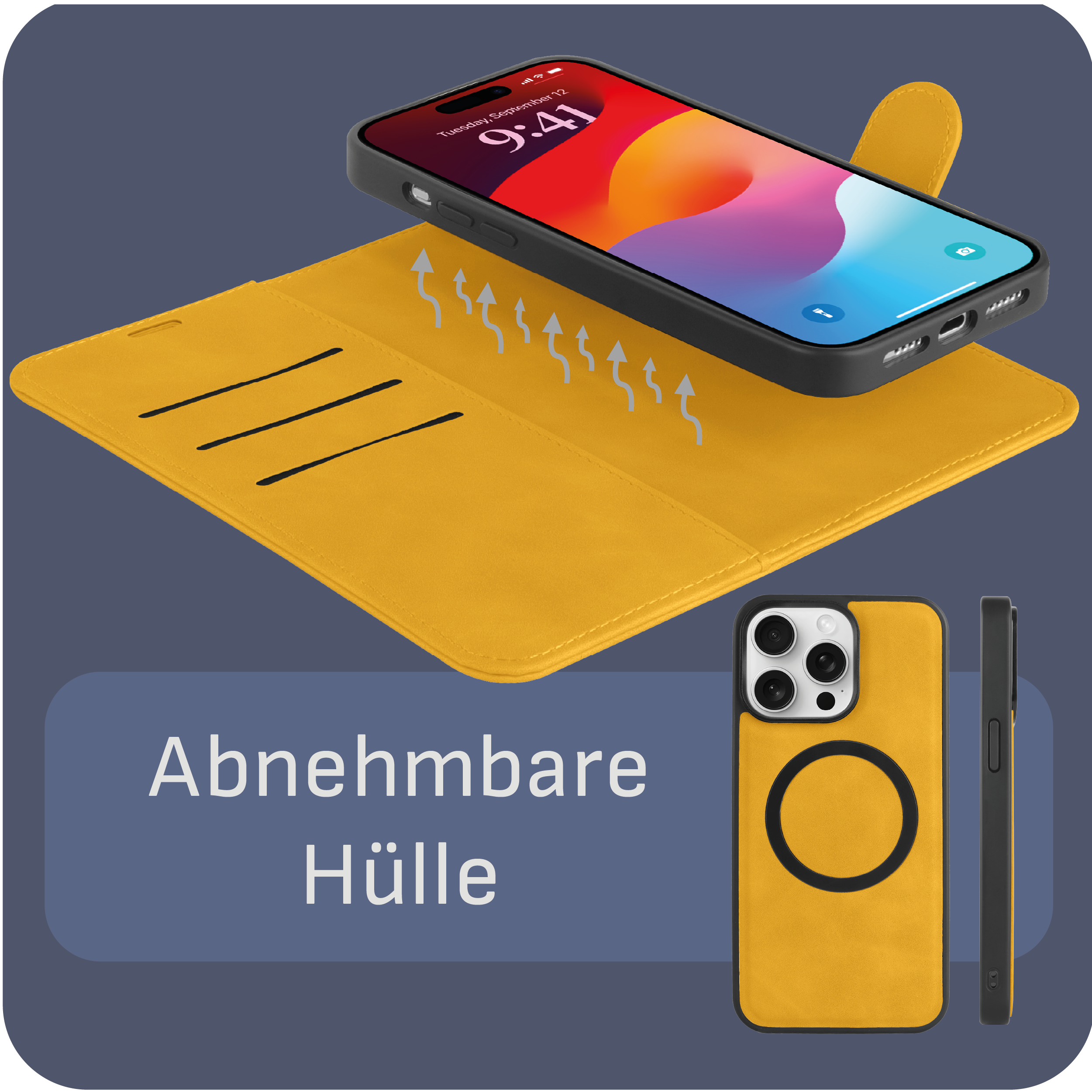 Gelbe Handyhülle mit Telefon darin. Text: Abnehmbare Hülle.
