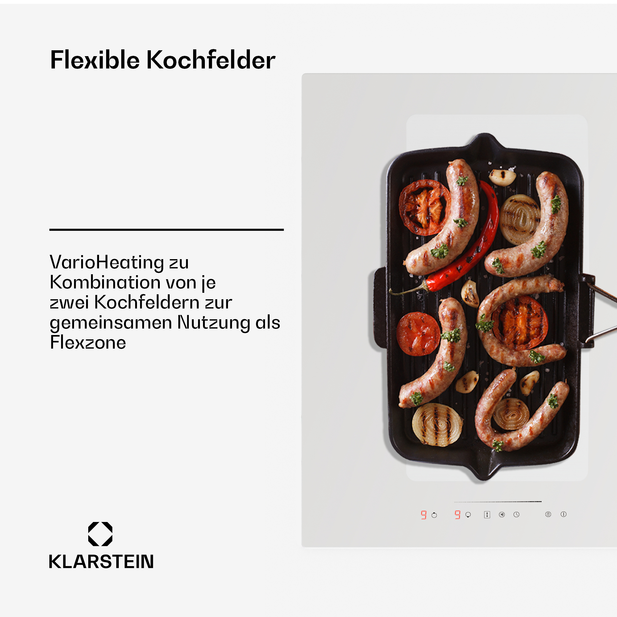 Piano cottura con salsicce, pomodori e cipolle, con testo sulle zone flex.