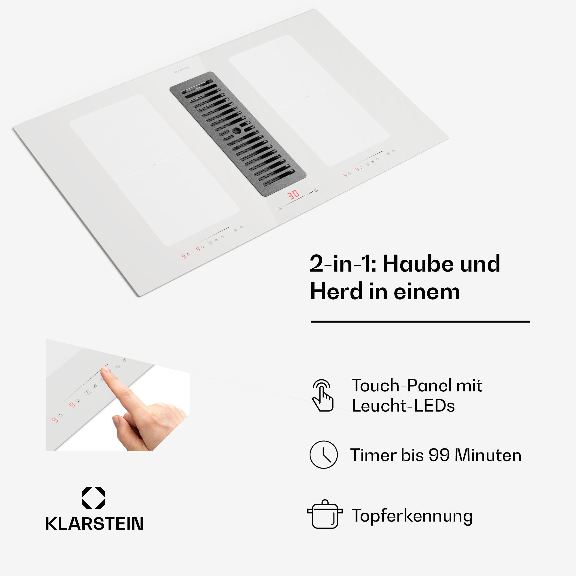 Piano cottura bianco integrato con ventola integrata e pannello di controllo touch.