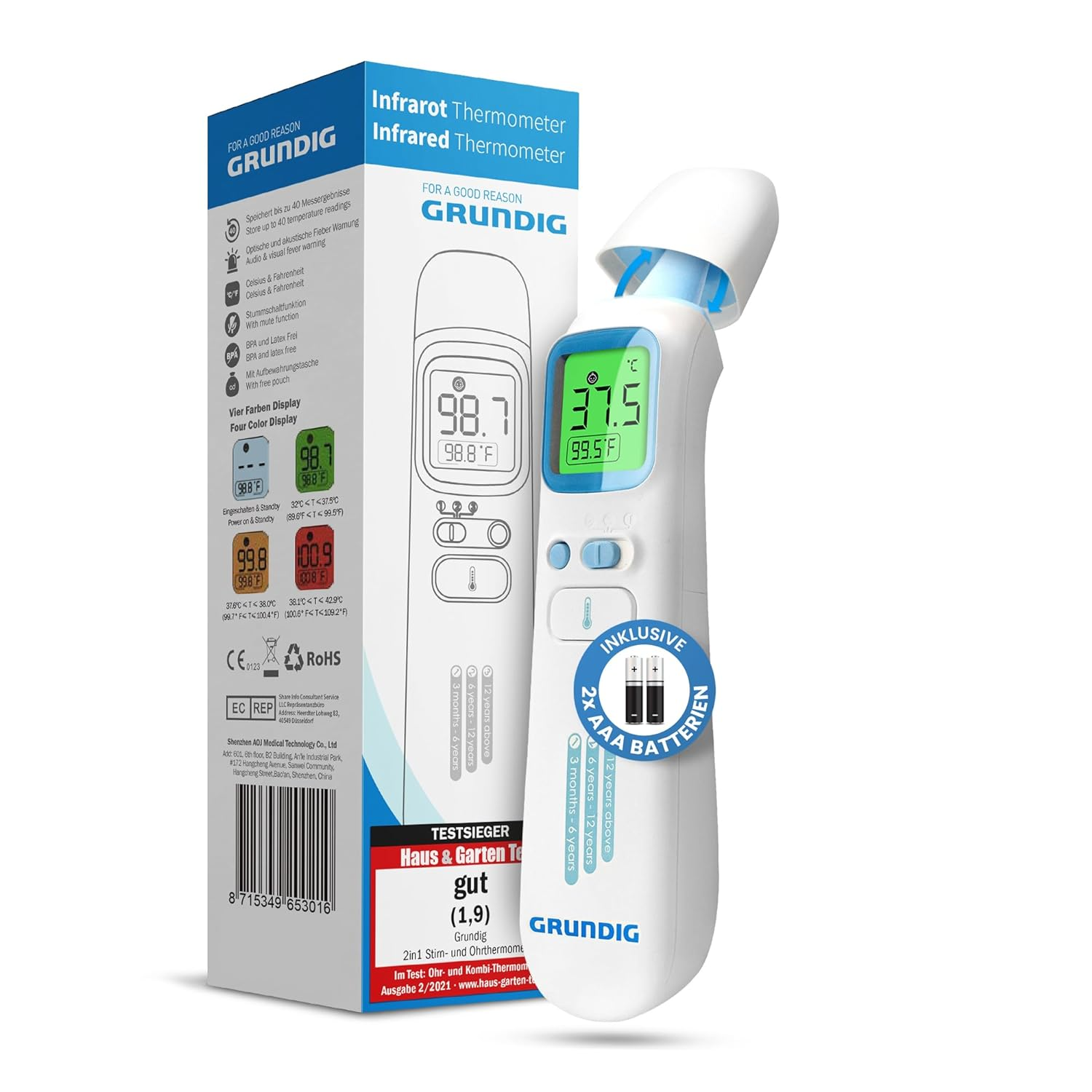 Digitales Infrarot-Thermometer mit Box und Anzeige der Temperatur.