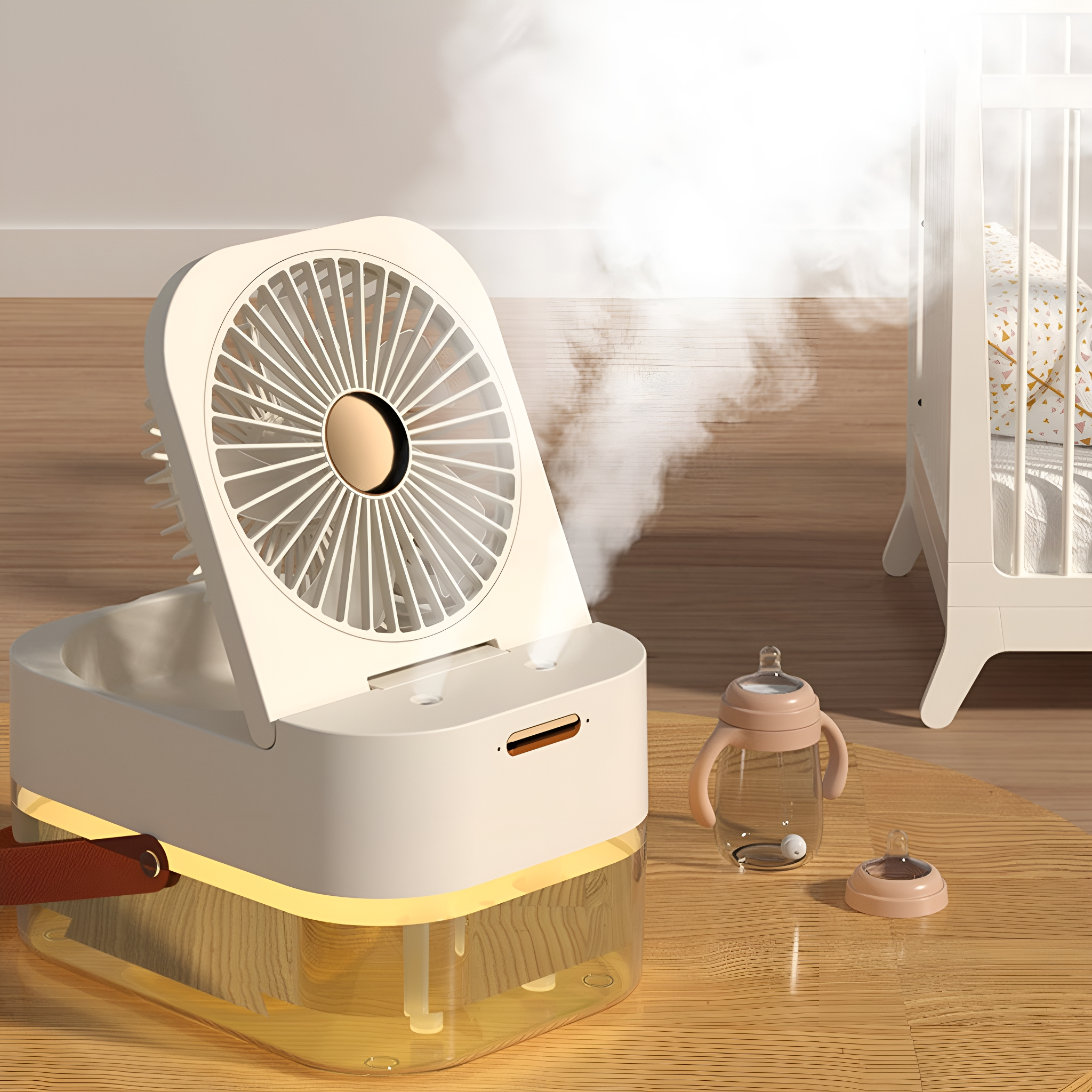 Weißer Luftbefeuchter mit Ventilator und Babyflasche neben einem Kinderbett.