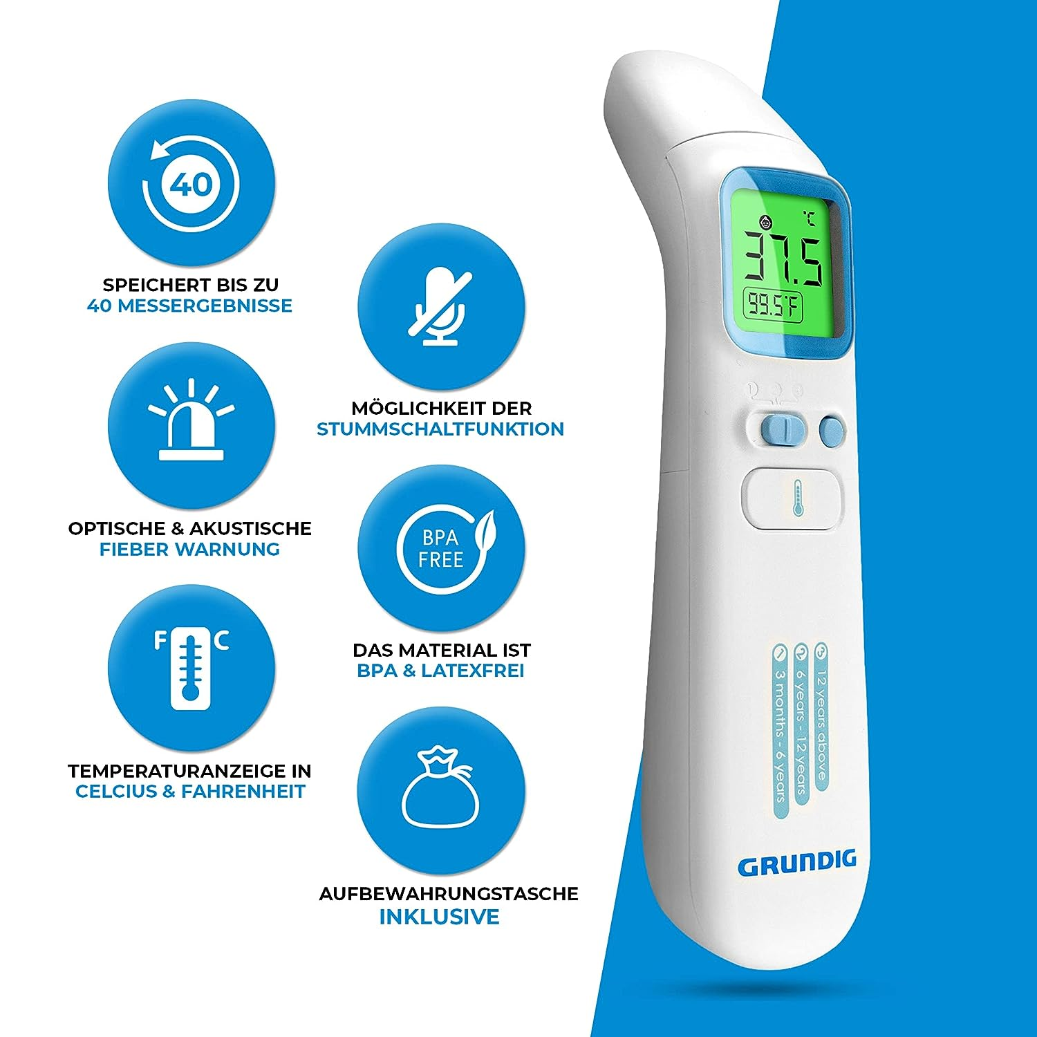 Weißes digitales Thermometer mit Display und Symbolen, Infografiken.
