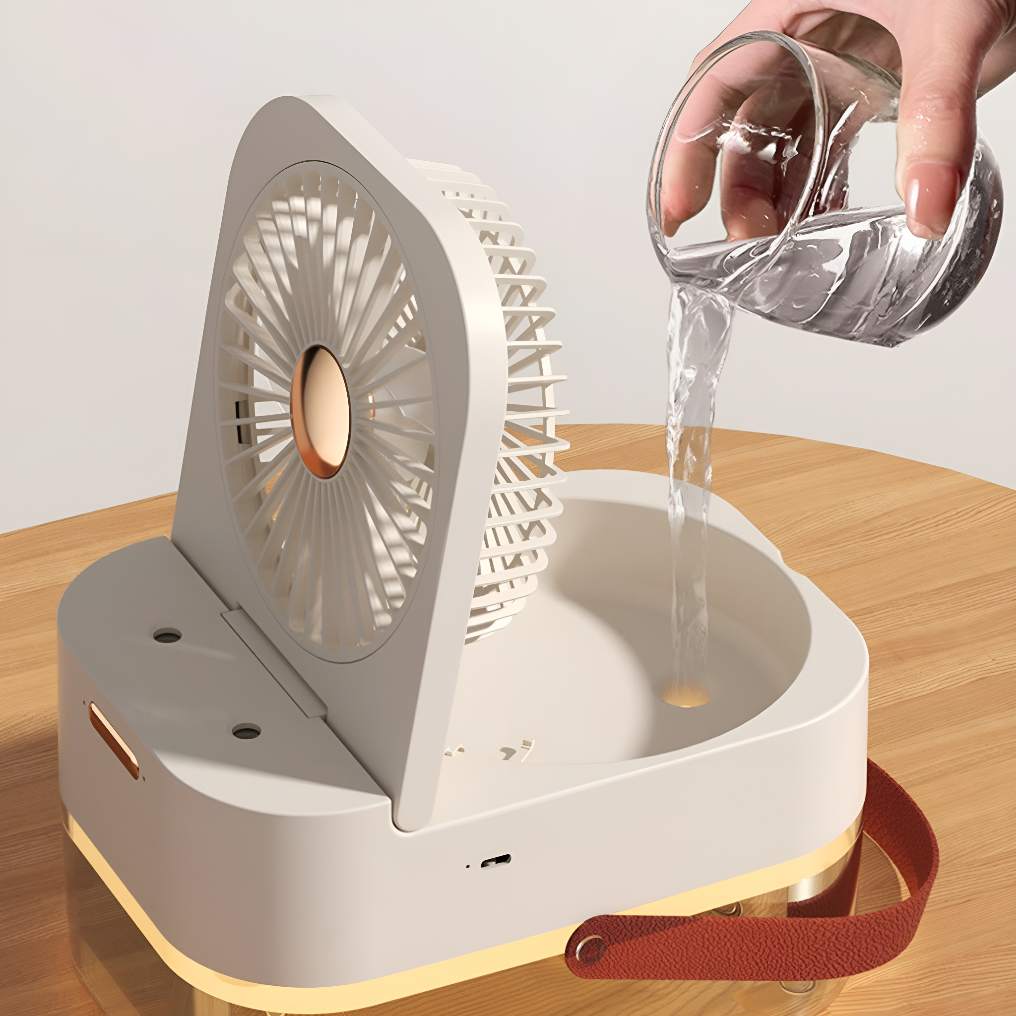 Ein weißer und goldener Ventilator, in den Wasser gegossen wird, auf einer Holzoberfläche.