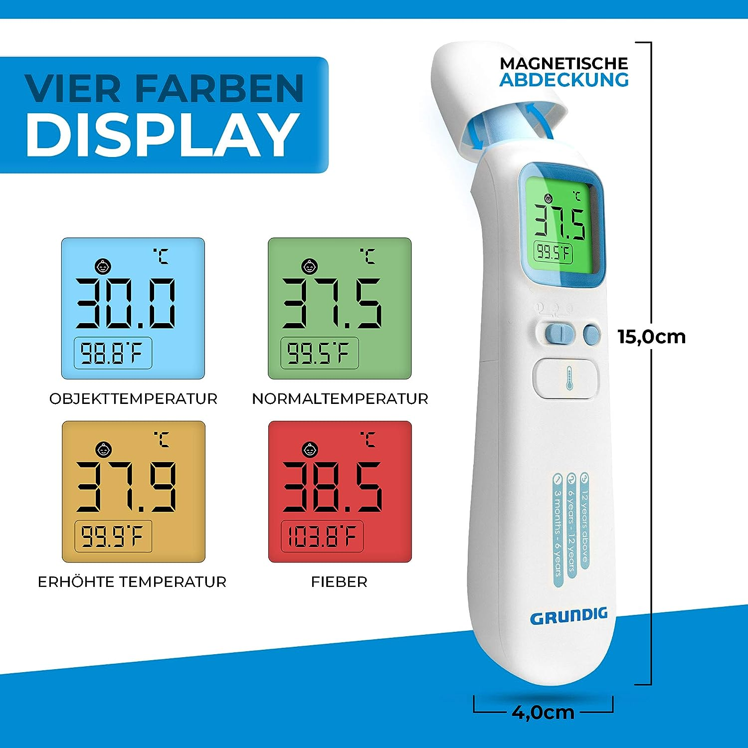 Weißes und blaues digitales Thermometer mit Anzeige der Temperaturen und Textbeschriftungen.