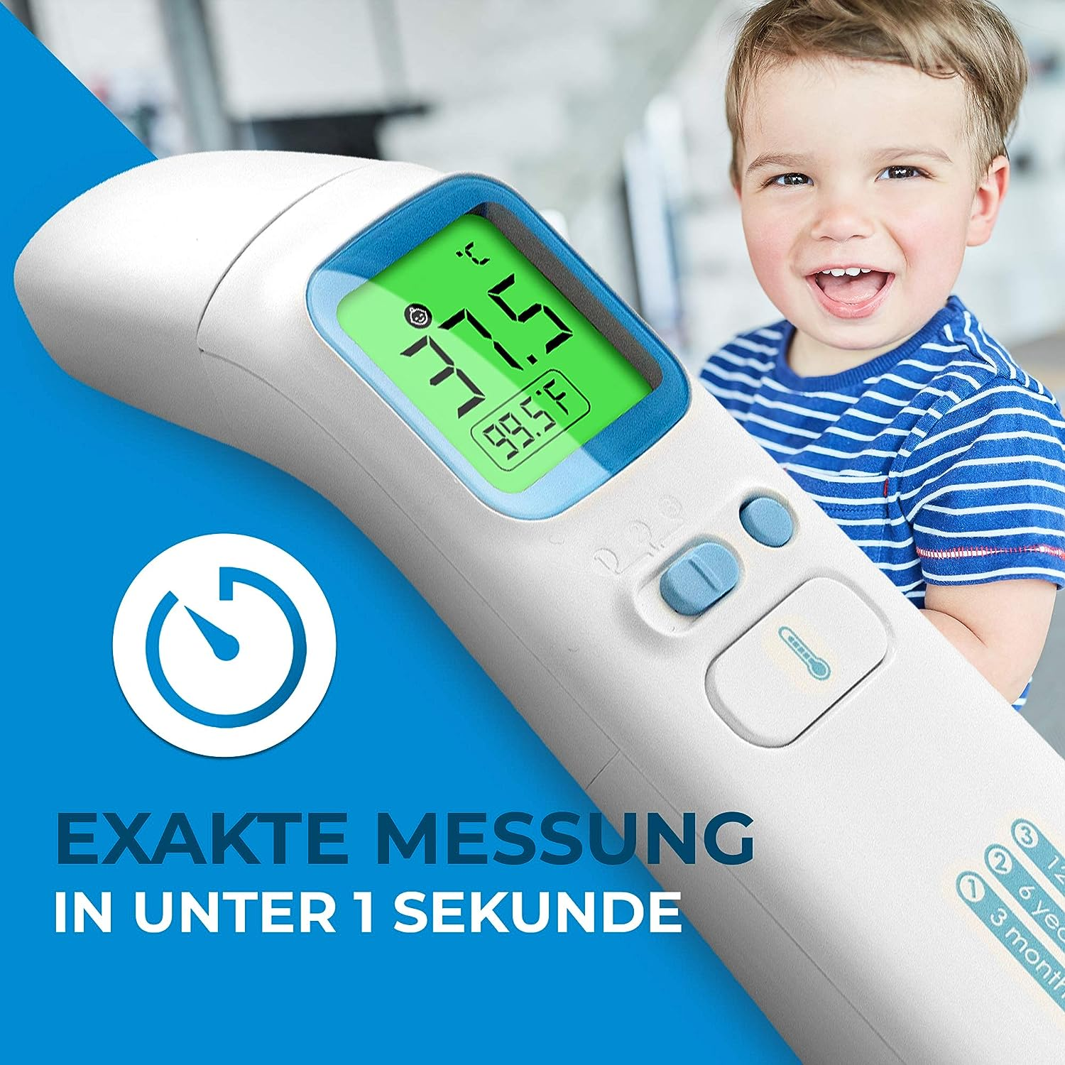 Thermometer zeigt 37,5 Grad, mit lächelndem Kind im Hintergrund.