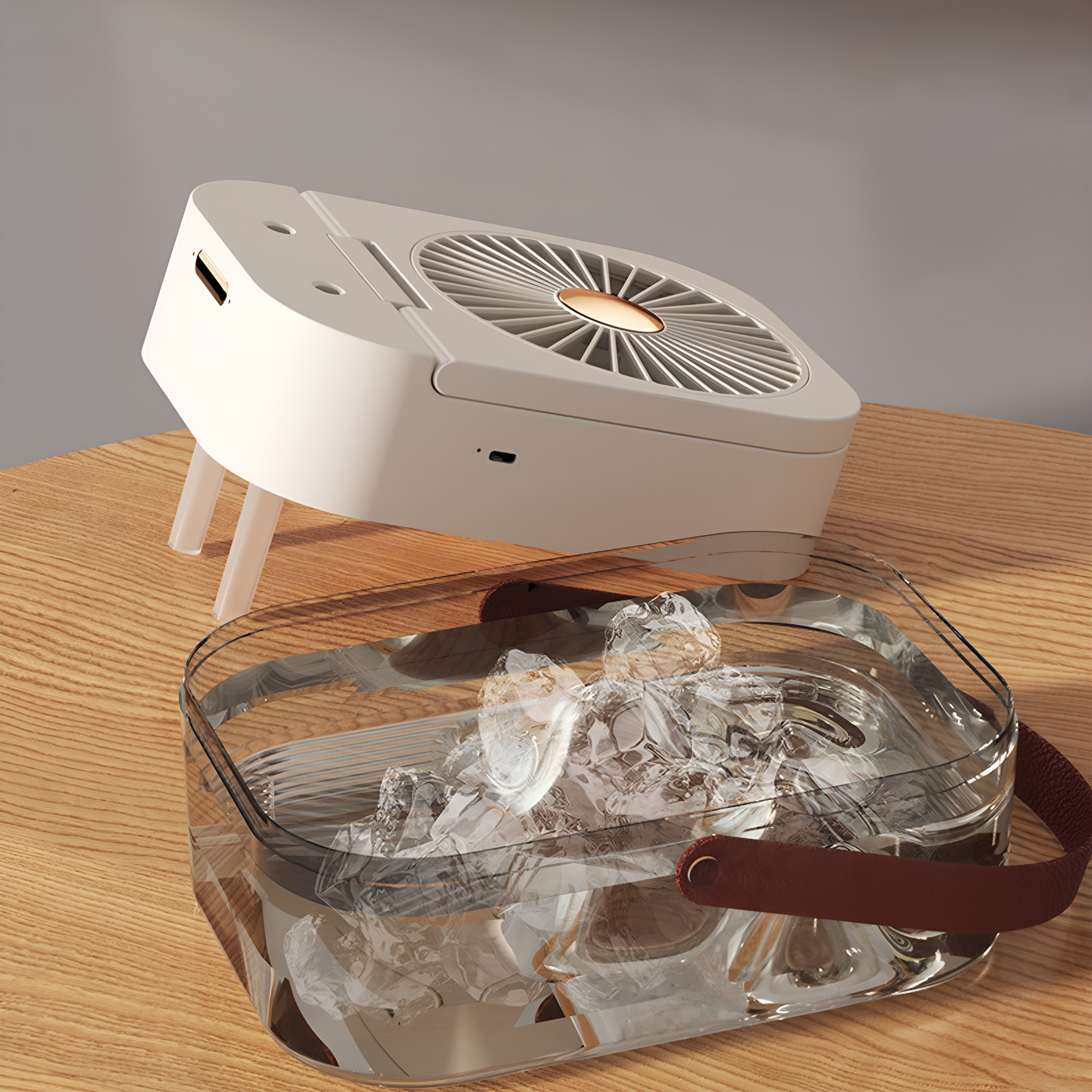 Weißer tragbarer Ventilator und ein klarer, mit Eis gefüllter Behälter mit braunem Griff.