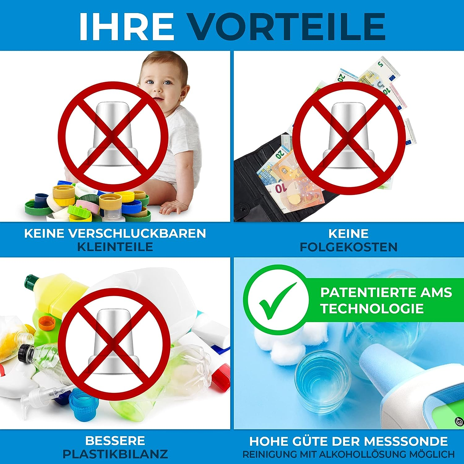 Infografik, die Vorteile zeigt, darunter keine Kleinteile, keine zusätzlichen Kosten und patentierte Technologie.