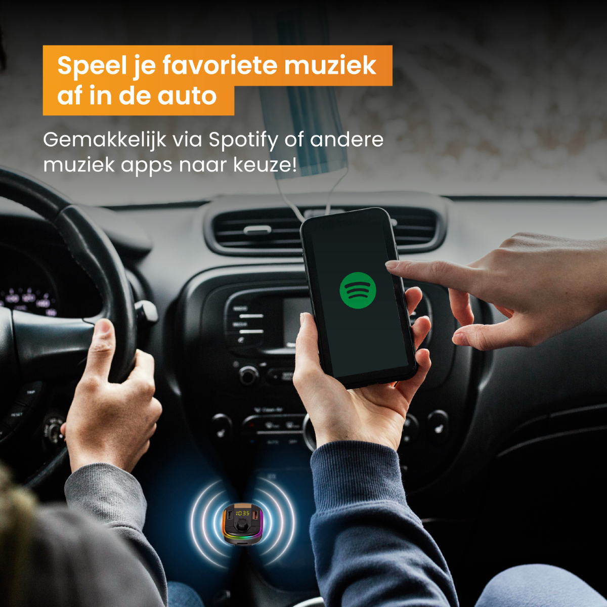Person in car using phone with Spotify app. Hands on steering wheel. Interior of car visible.