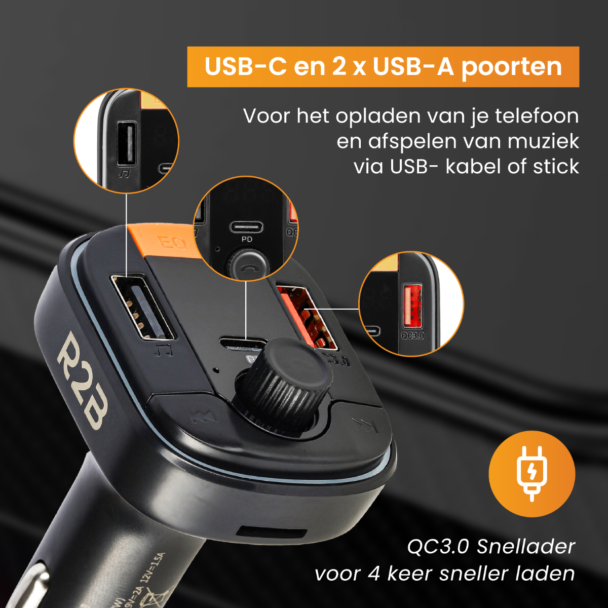Black car charger with USB ports, a knob, and labels describing USB-C and USB-A ports.