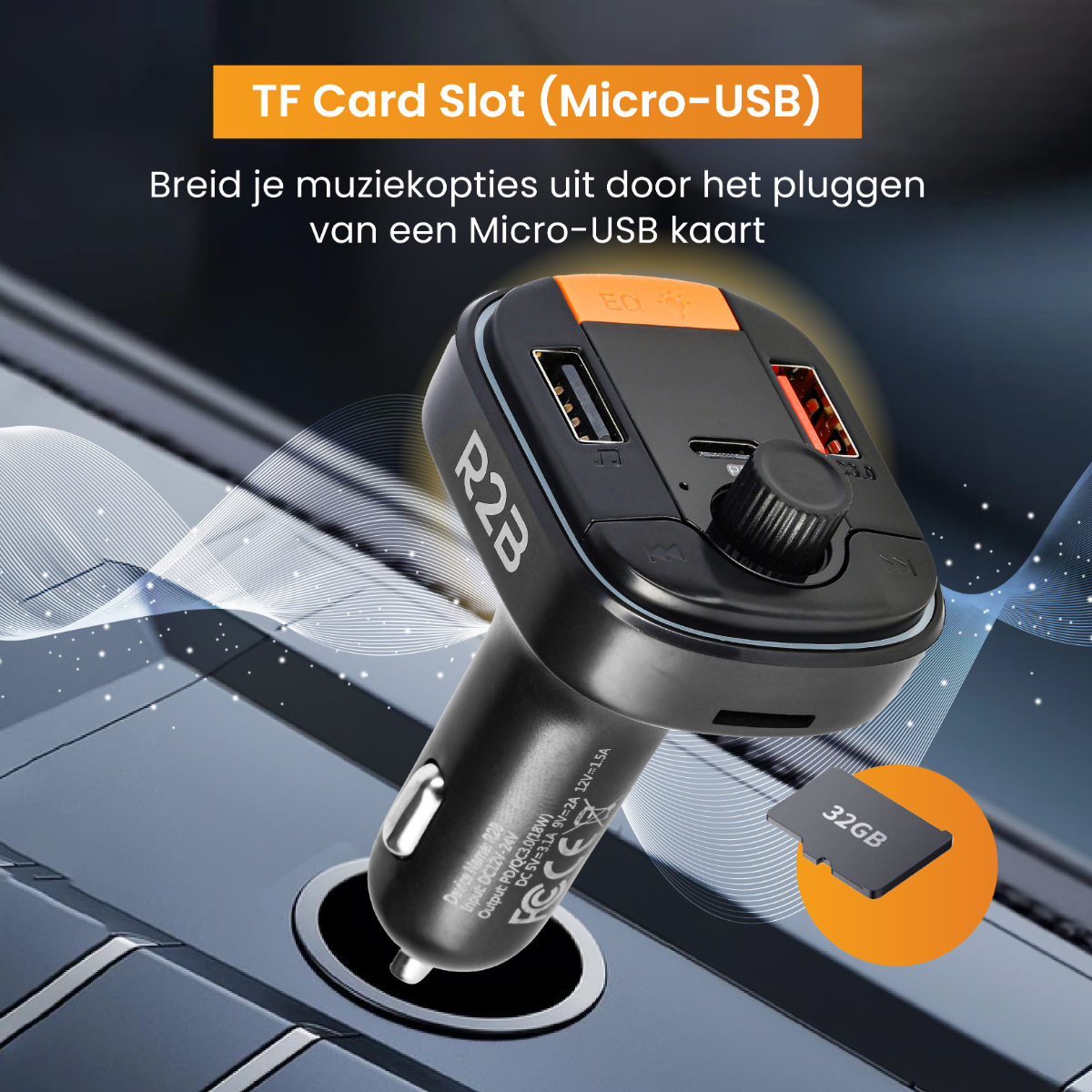 Black car adapter with USB ports and a TF card slot. A 32GB card is shown next to it.