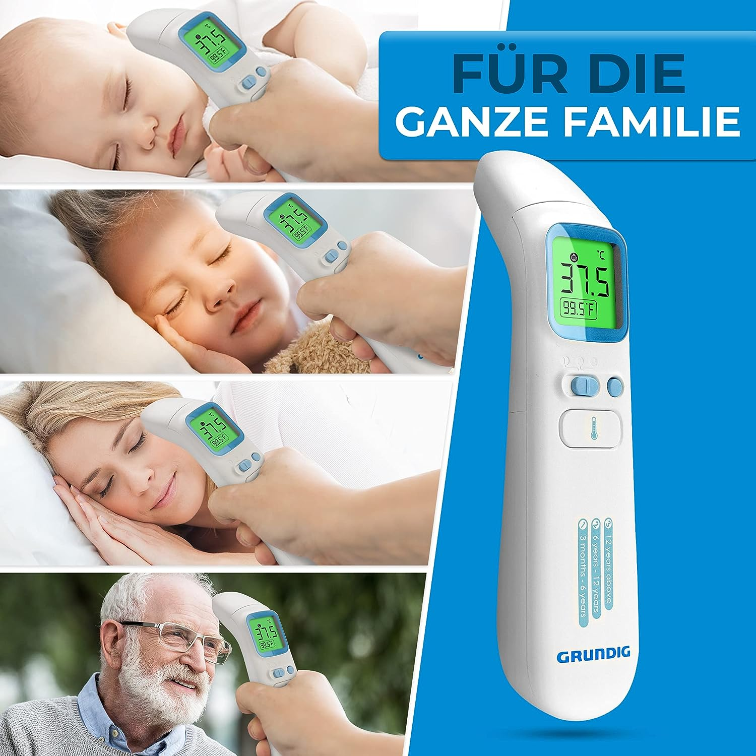 Thermometer im Einsatz bei Baby, Kind, Frau und älterem Mann. Das Thermometer ist weiß.