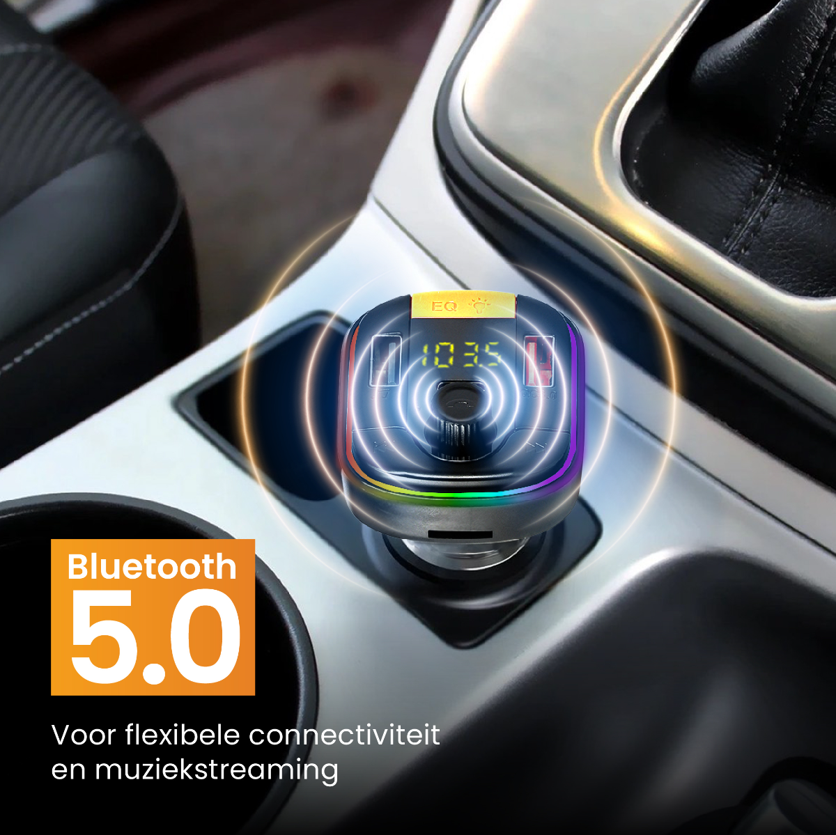 Car device with display, showing numbers, with a colorful ring, in a car's console.