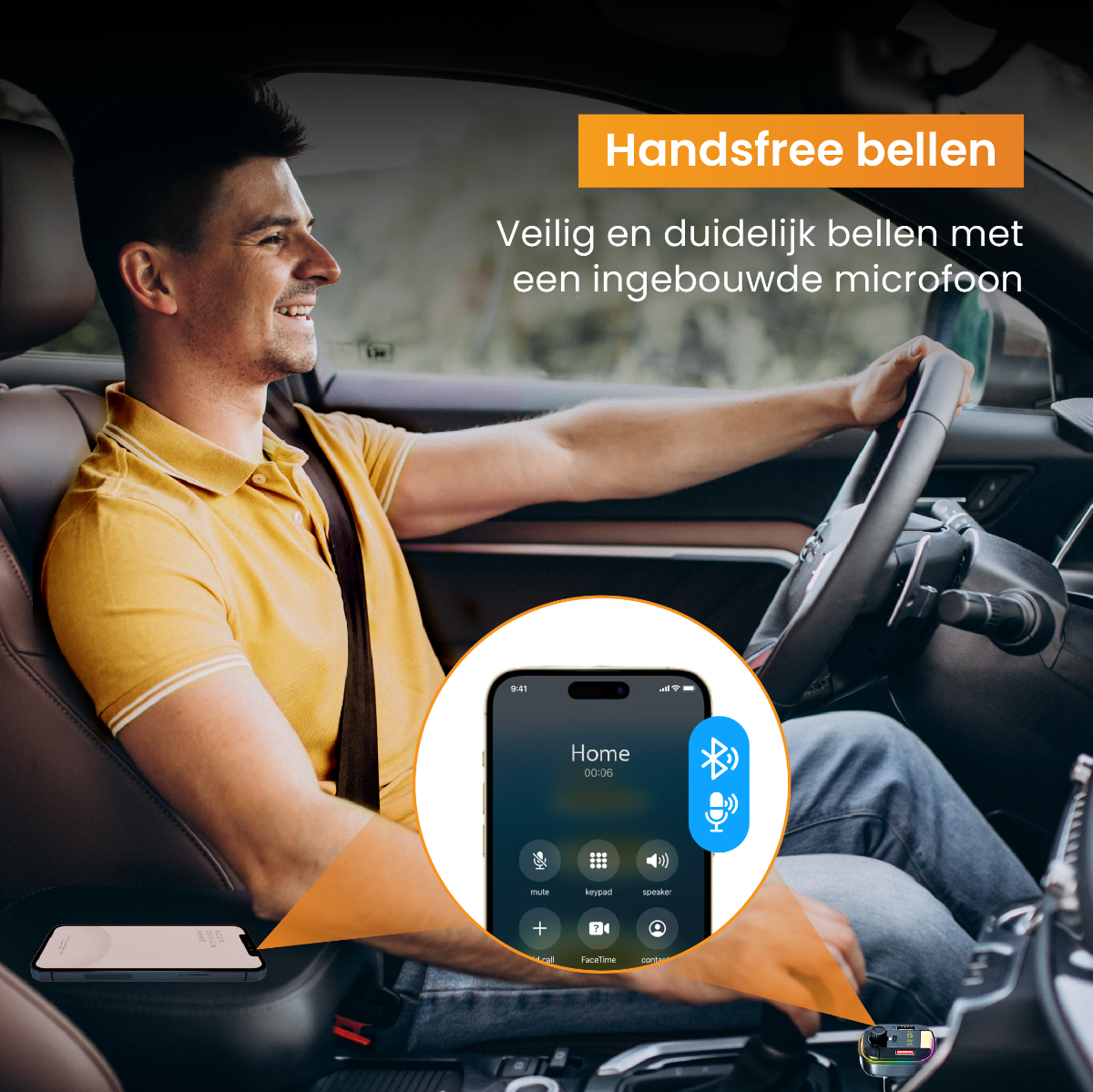 Man in car using hands-free phone. Phone and car console visible with phone display showing call interface.