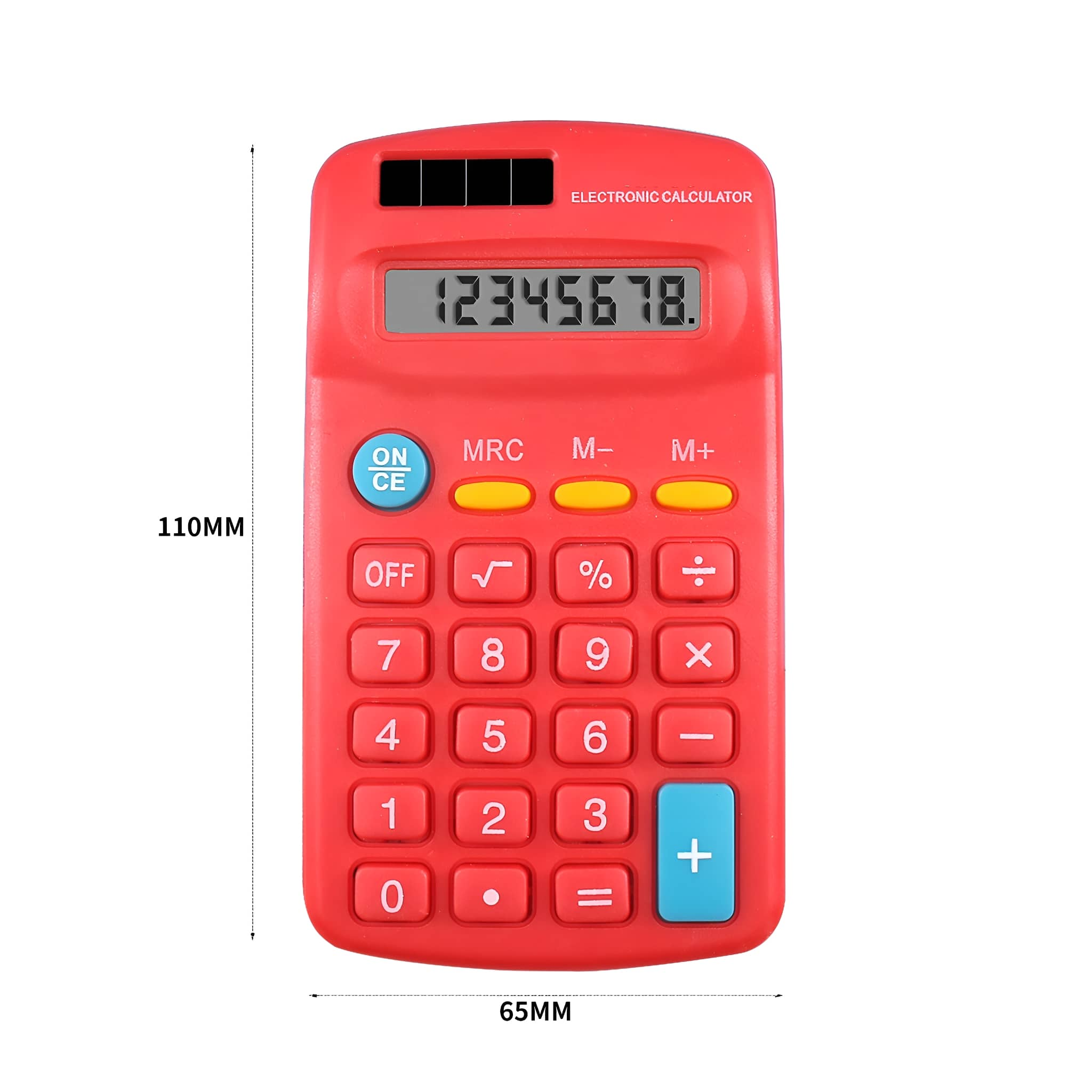 Ein roter elektronischer Taschenrechner mit Zahlenanzeige und verschiedenen Tasten.