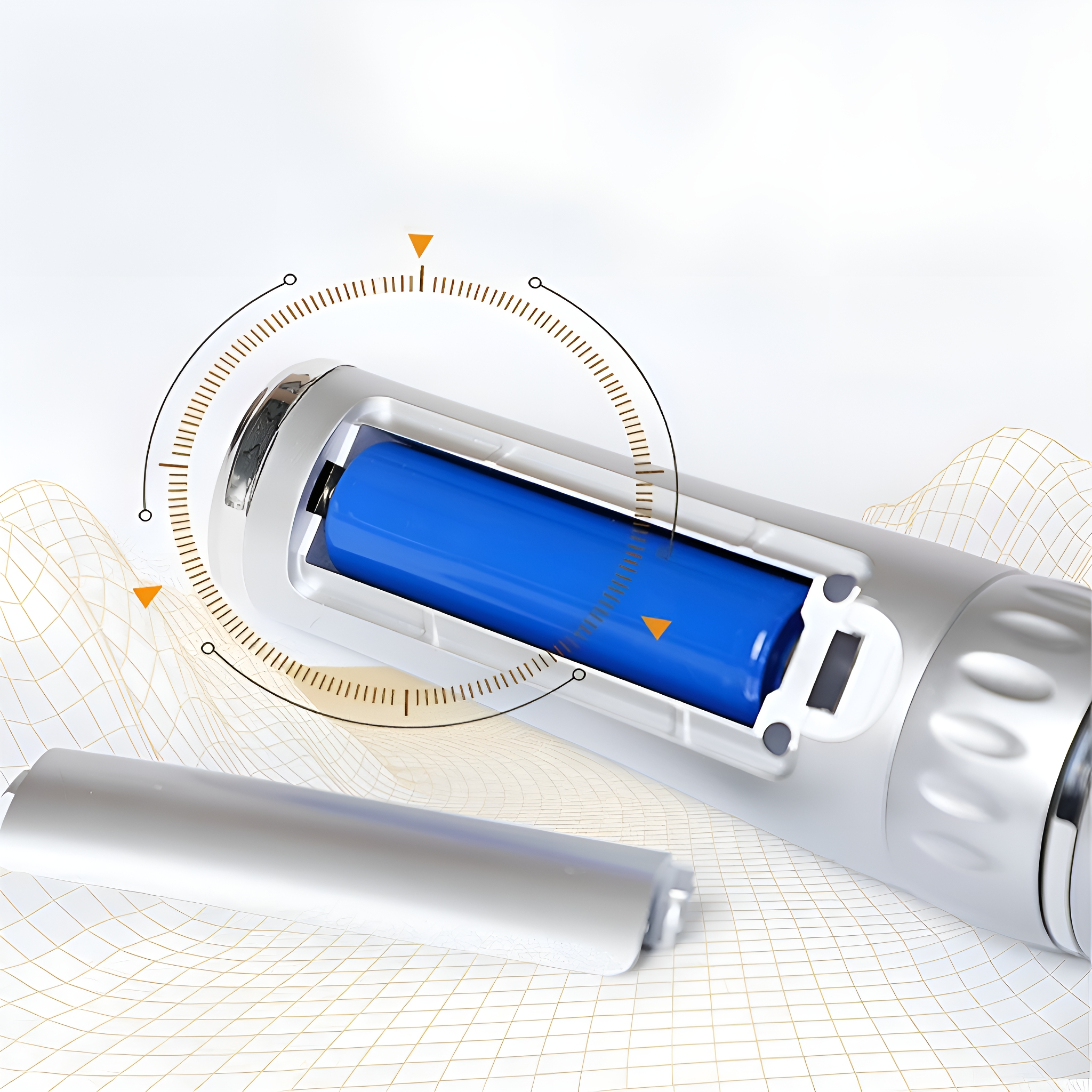 Offenes Gerät mit einer blauen Batterie. Umgebung ist ein weißes Gerät und ein Hintergrund mit gelben Linien.