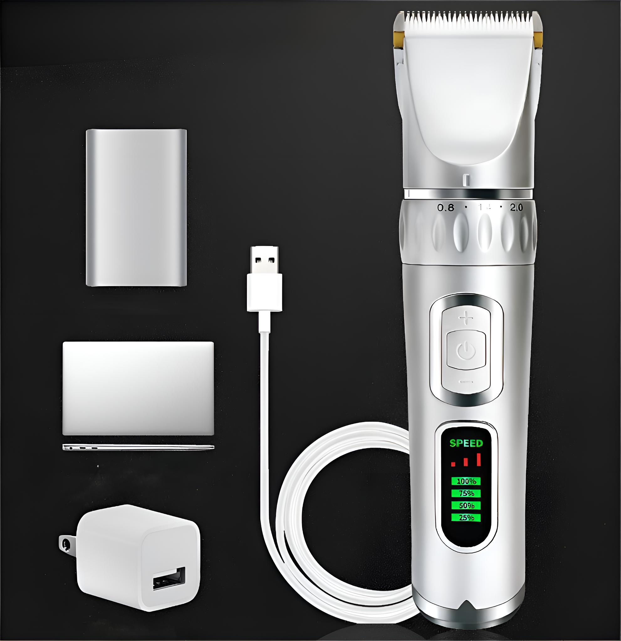 Ein silberner Haarschneider mit Zubehör: Ladegerät, Powerbank und Ladekabel. Schwarzer Hintergrund.