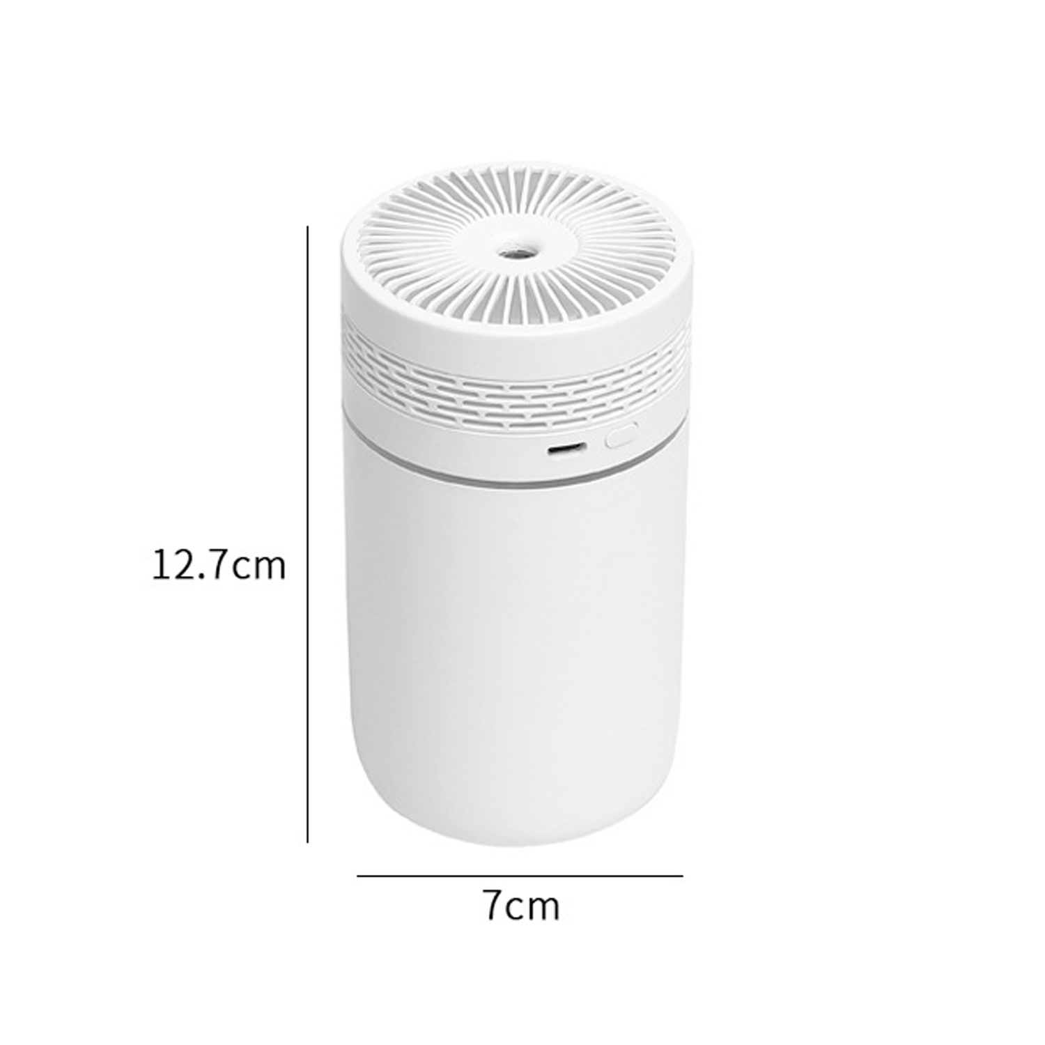 Biały nawilżacz powietrza, pokazano wymiary. Białe tło.