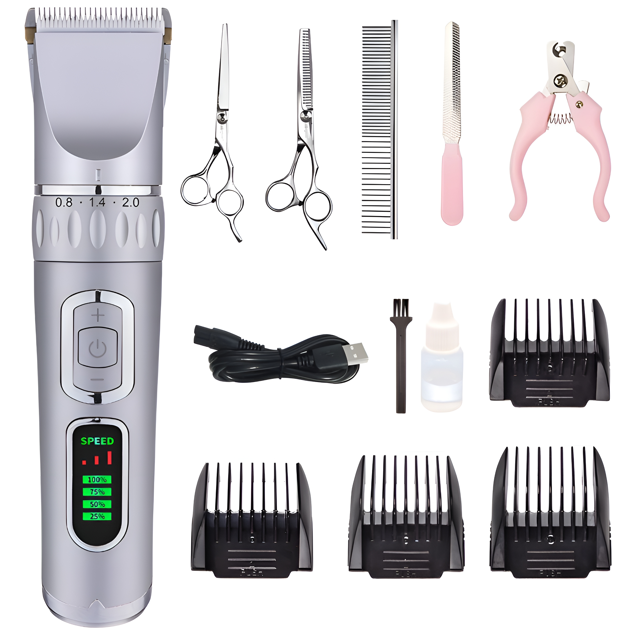 Set von Pflege-Werkzeugen: Haarschneidemaschine, Schere, Kamm, Nagelfeile und verschiedene Aufsätze.