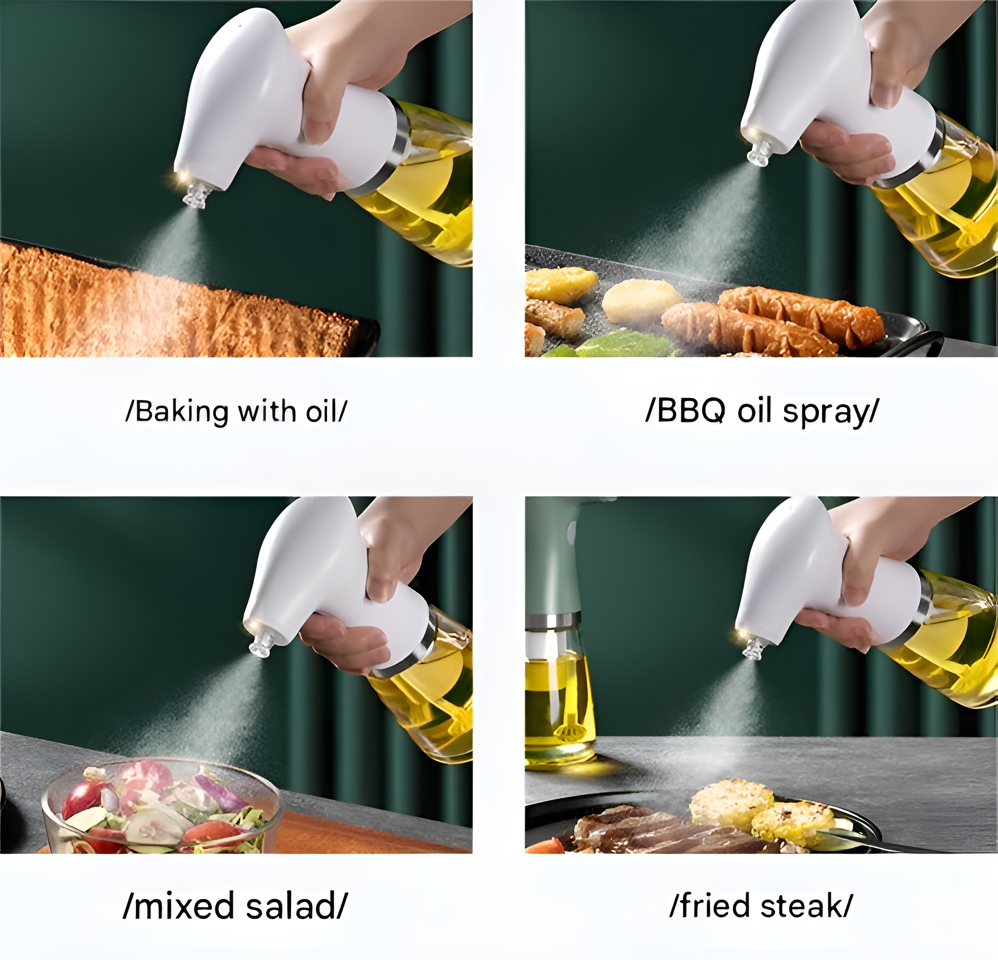 Bilder zeigen Sprühflasche beim Kochen. Verschiedene Anwendungen: Backen, Grillen, Salat und gebratenes Steak.