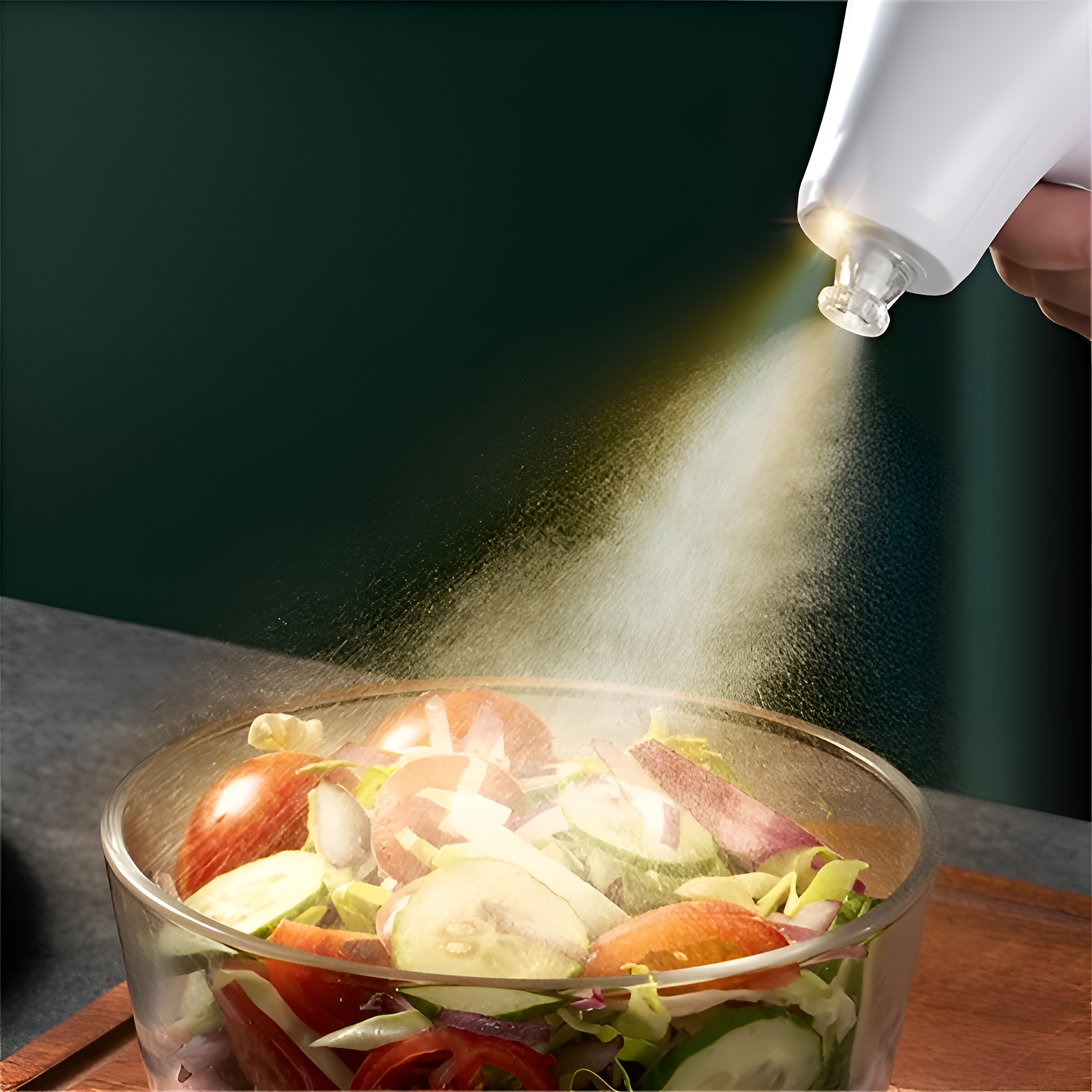 Eine Hand sprüht Öl über einen Salat in einer Glasschüssel auf einem Holzbrett.