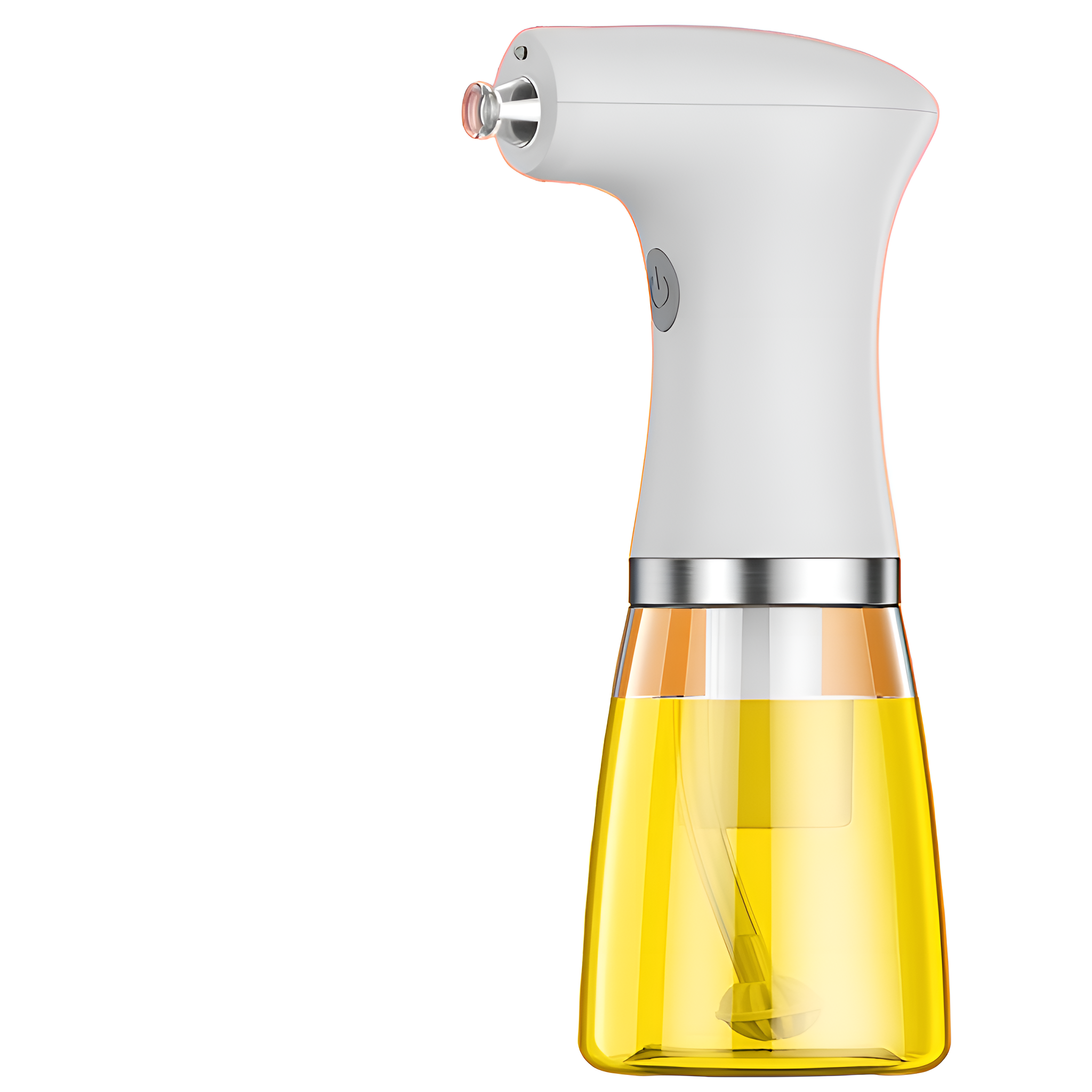 Weißer und gelber Ölsprüher mit Düse und transparenter Flasche.