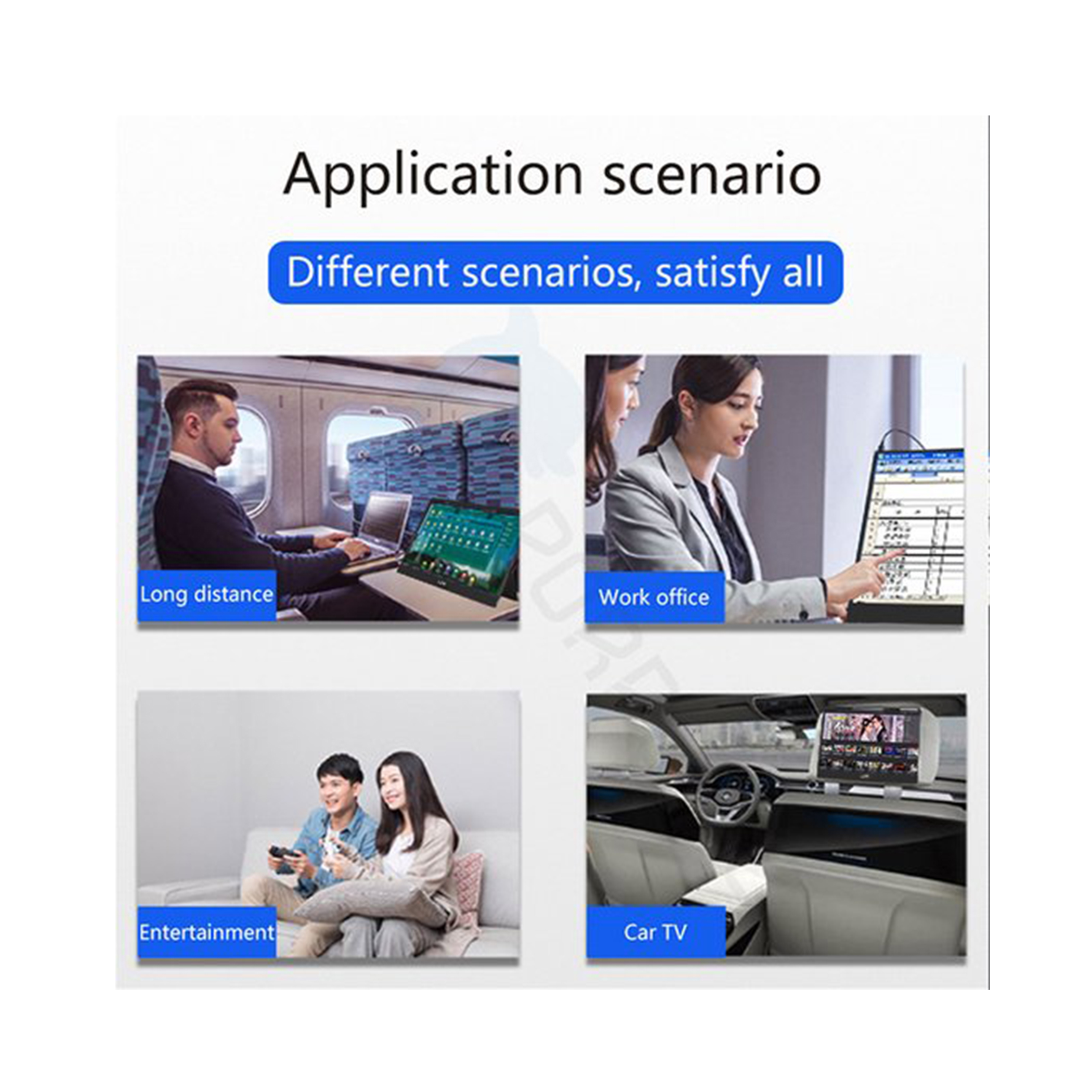 Cztery obrazy pokazujące różne scenariusze użytkowania produktu: daleka odległość, biuro, rozrywka, TV samochodowa.