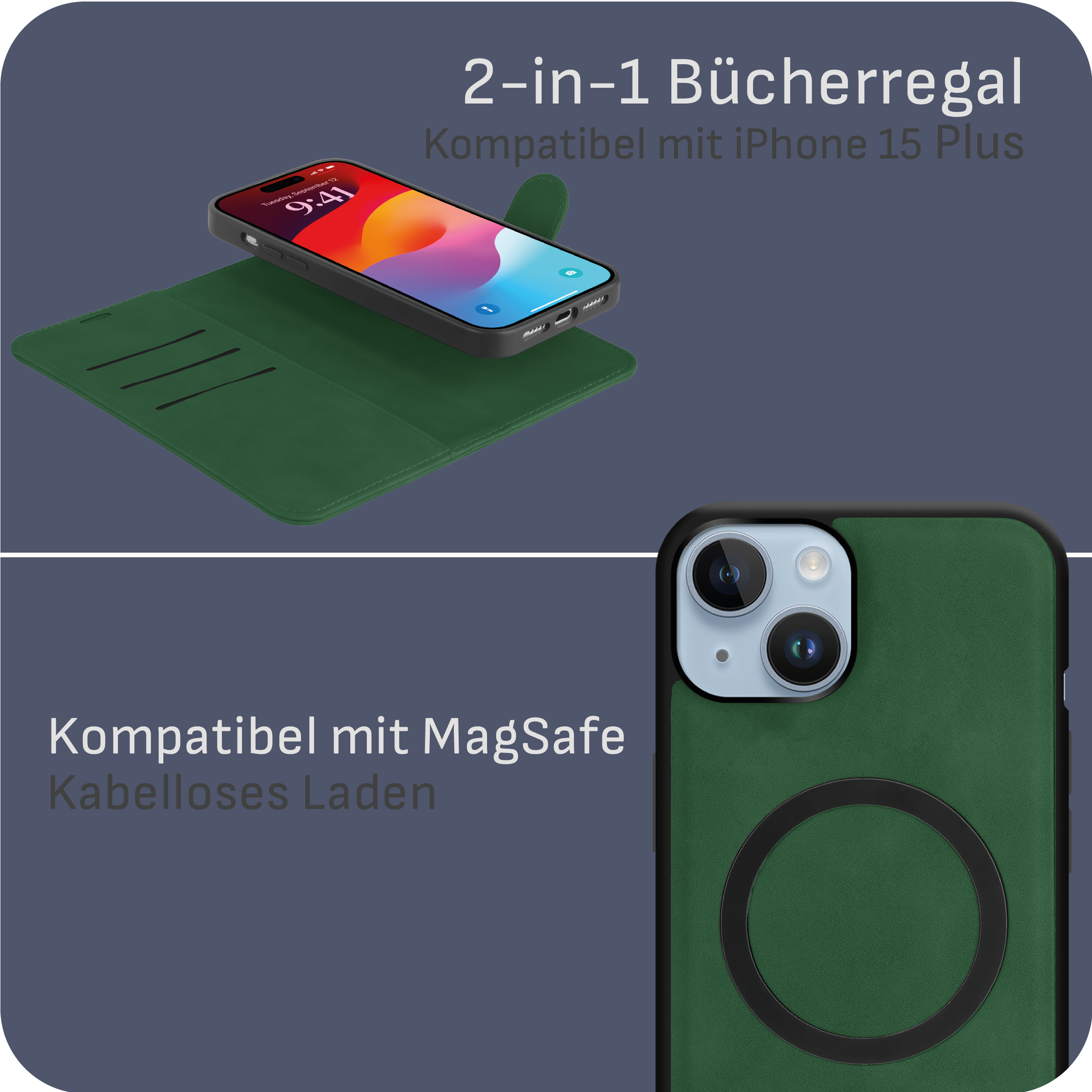 Grüne Handyhülle mit MagSafe-Ring und Telefon. Text auf der Hülle lautet 'Kompatibel mit MagSafe'.