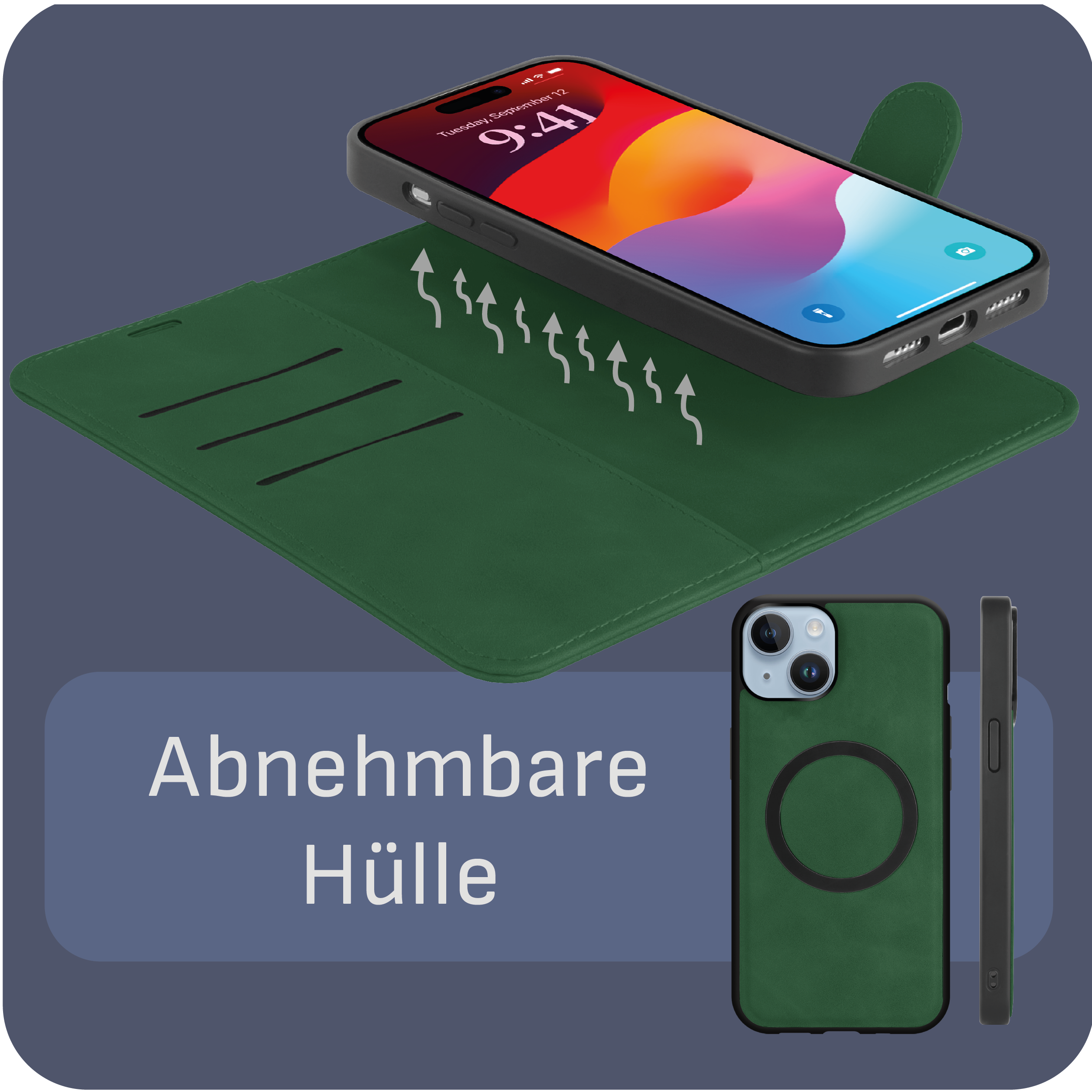 Grüne Handyhülle und Geldbörse mit Telefon. Die Geldbörse ist offen. Das Telefon zeigt den Startbildschirm.