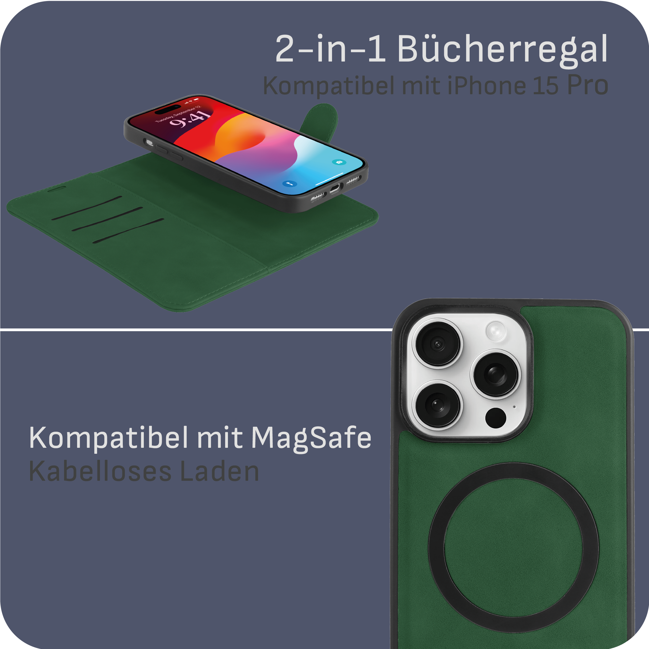 Eine grüne Handyhülle mit einem schwarzen iPhone und dem MagSafe-Kreis.