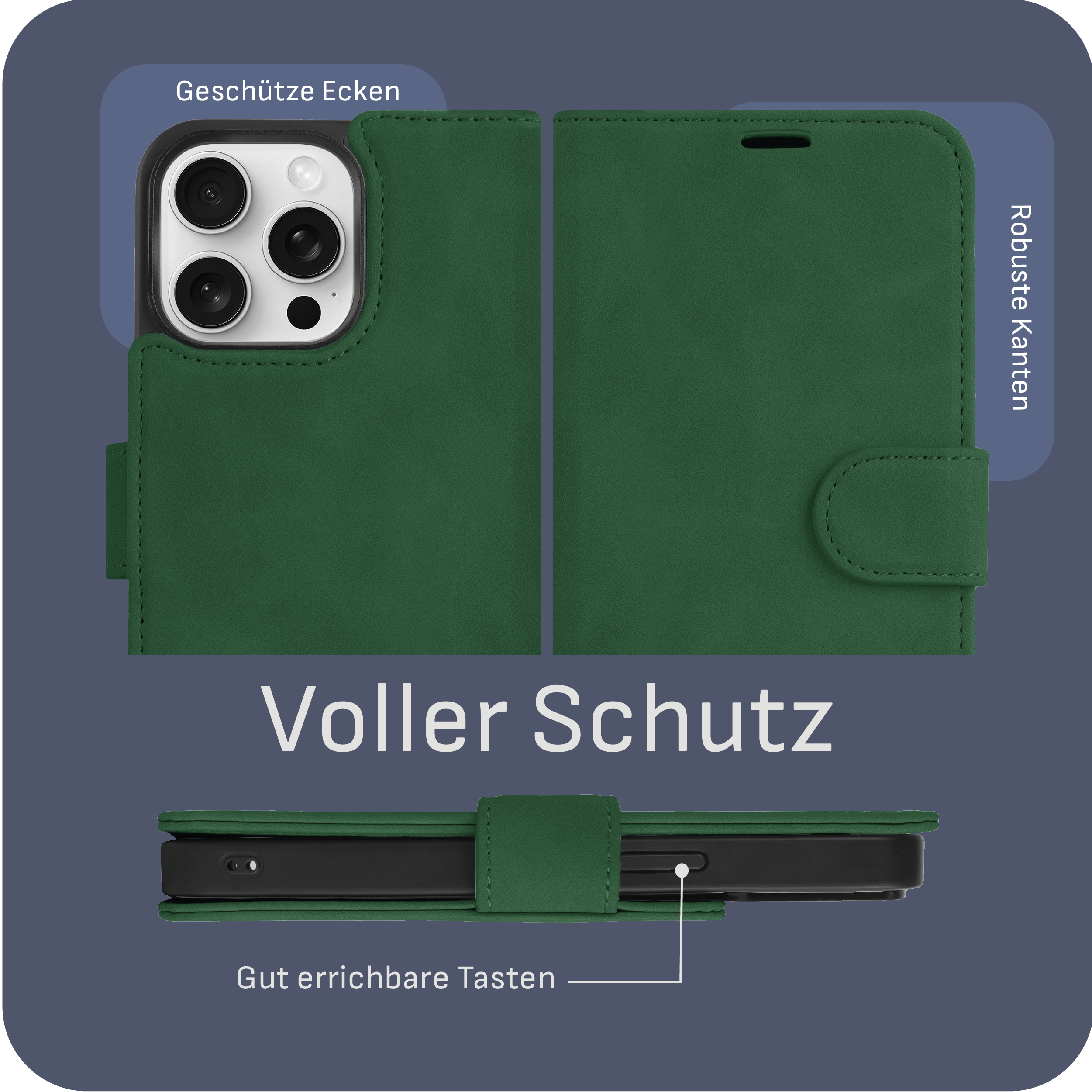 Grüne Handyhülle, offen und geschlossen, mit Beschriftungen für Funktionen wie Schutz und Tasten.