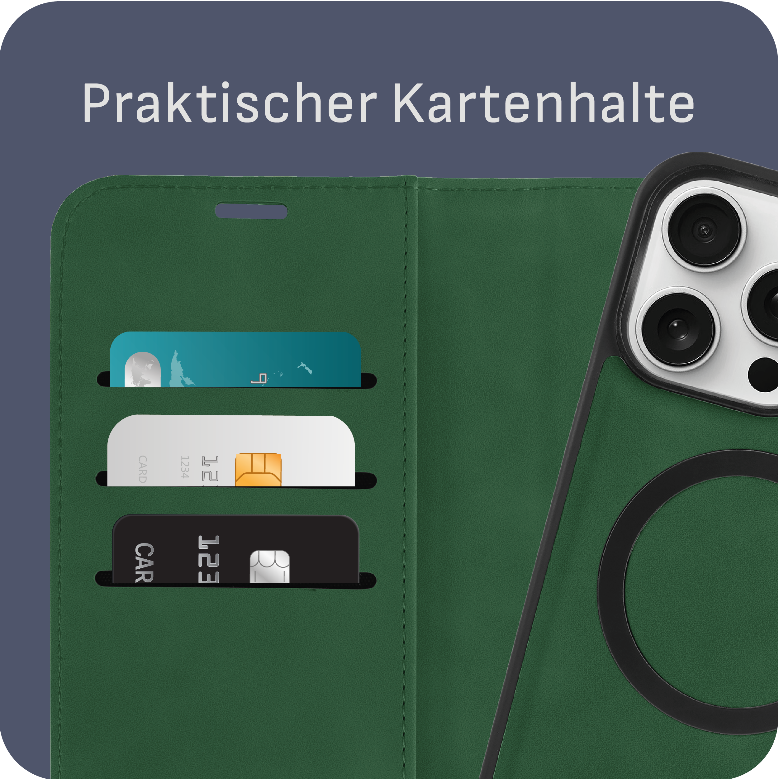 Eine grüne Handyhülle mit drei Kartenfächern, die Karten halten. Das Telefon ist rechts.
