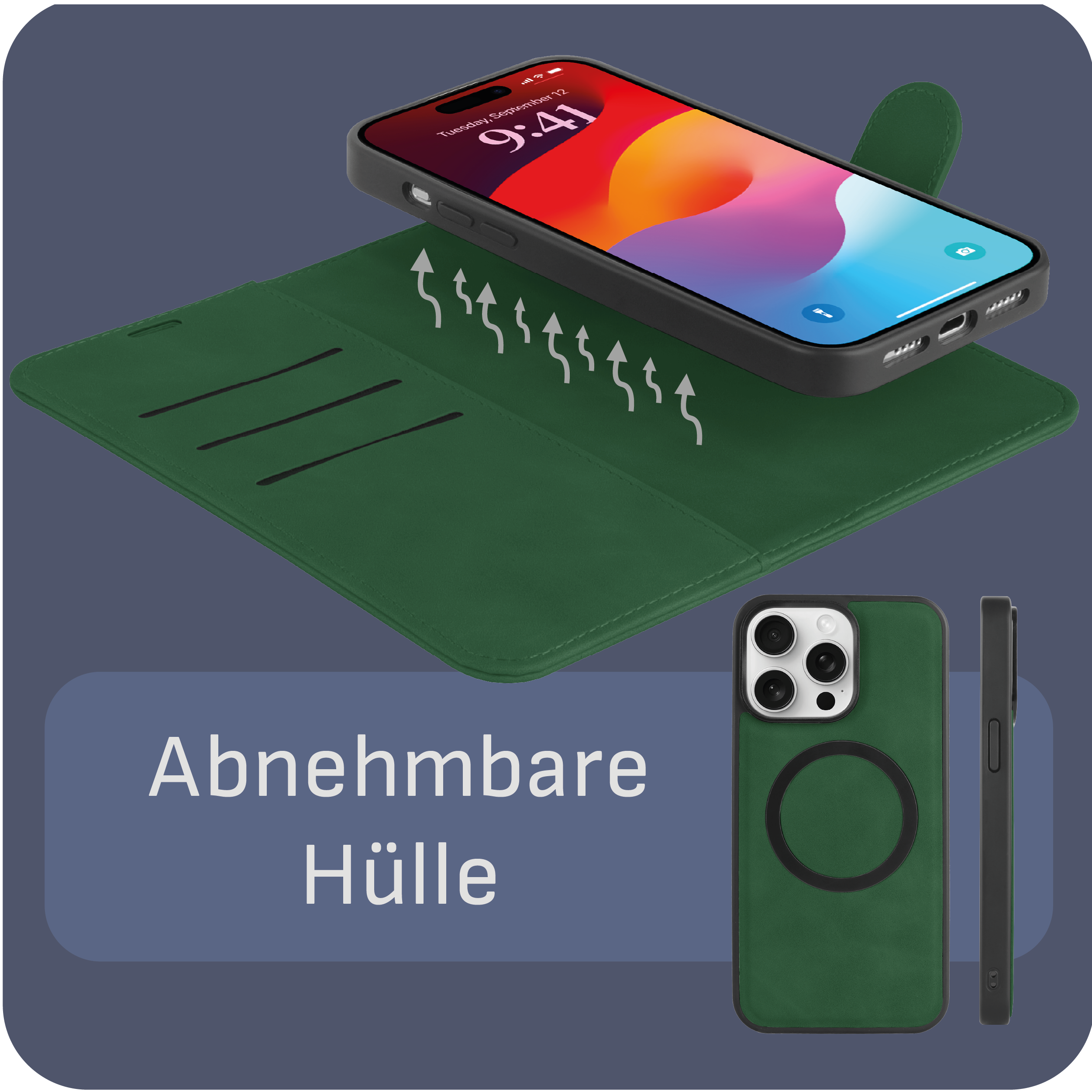 Eine grüne Leder-Handyhülle, offen, zeigt ein Telefon. Merkmale: abnehmbare Hülle und Telefon.