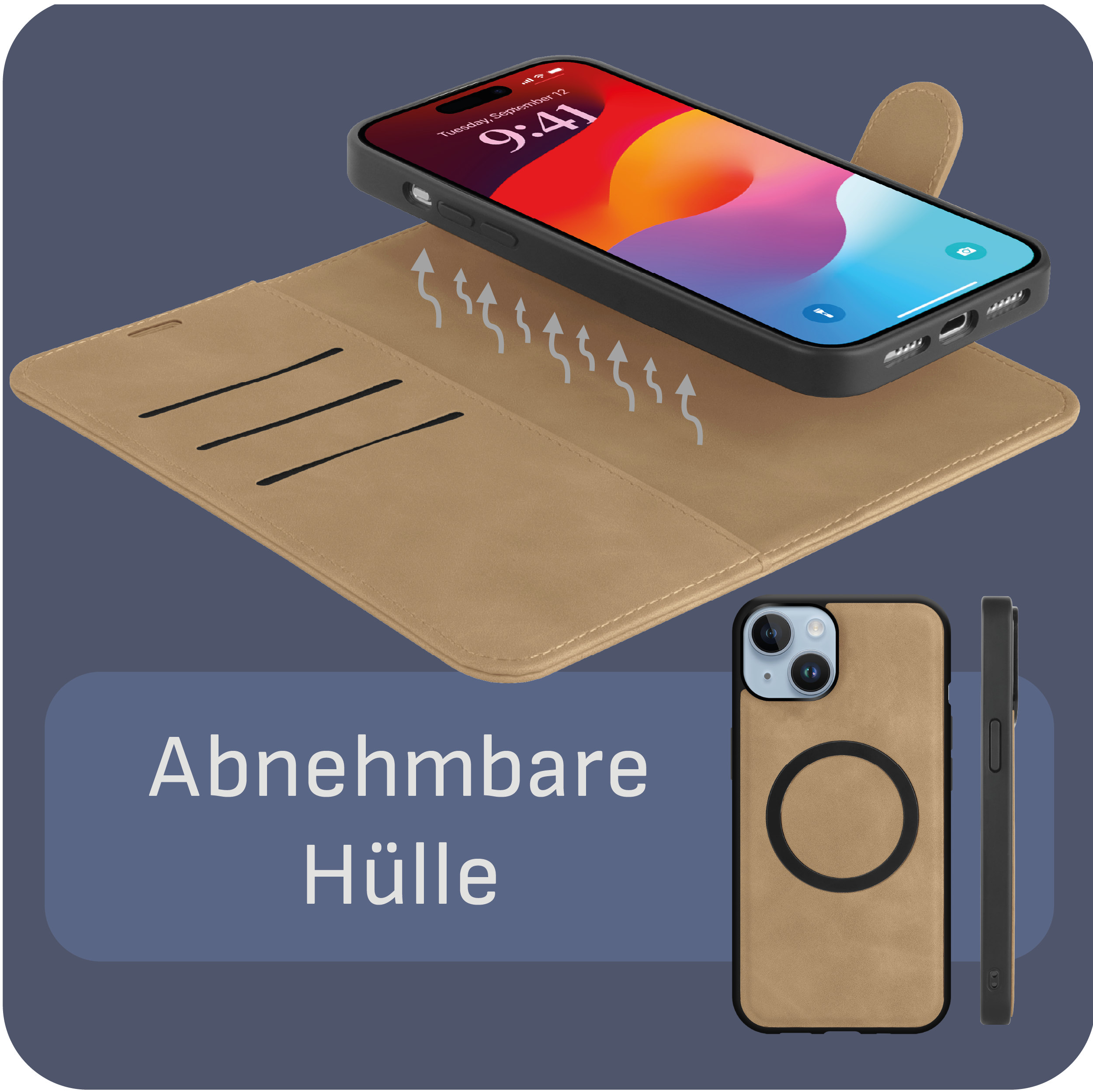 Beige Handyhülle mit einem Telefon darin. Eine separate Handyhülle ist unten rechts abgebildet.