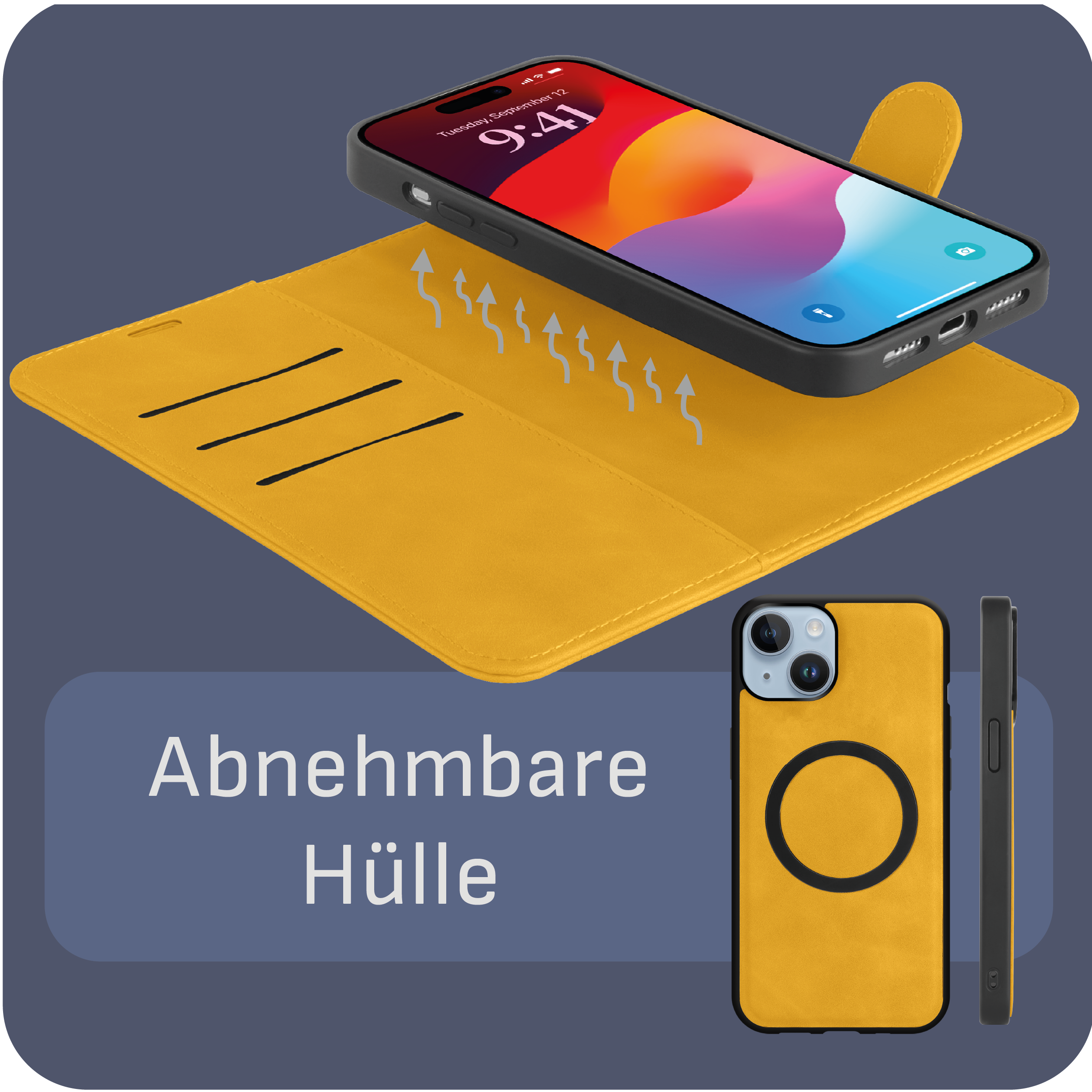 Gelbe Handyhülle mit Telefon, Pfeilen und Text. Abnehmbare Hülle mit Telefon und eine Seitenhülle.