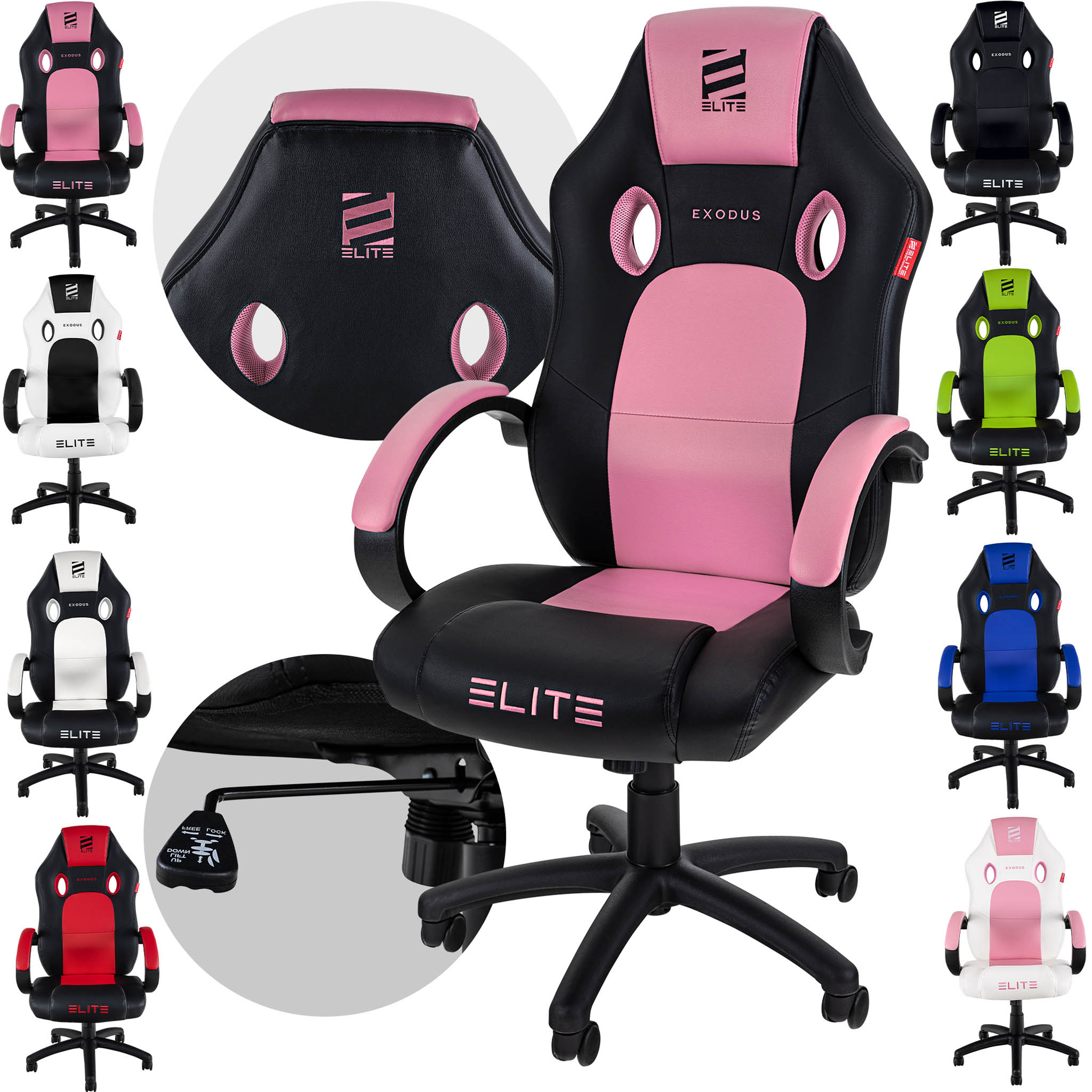 Gaming-Stuhl in Schwarz und Pink, verschiedene Farben, mit mehreren Ansichten. Weißer Hintergrund.