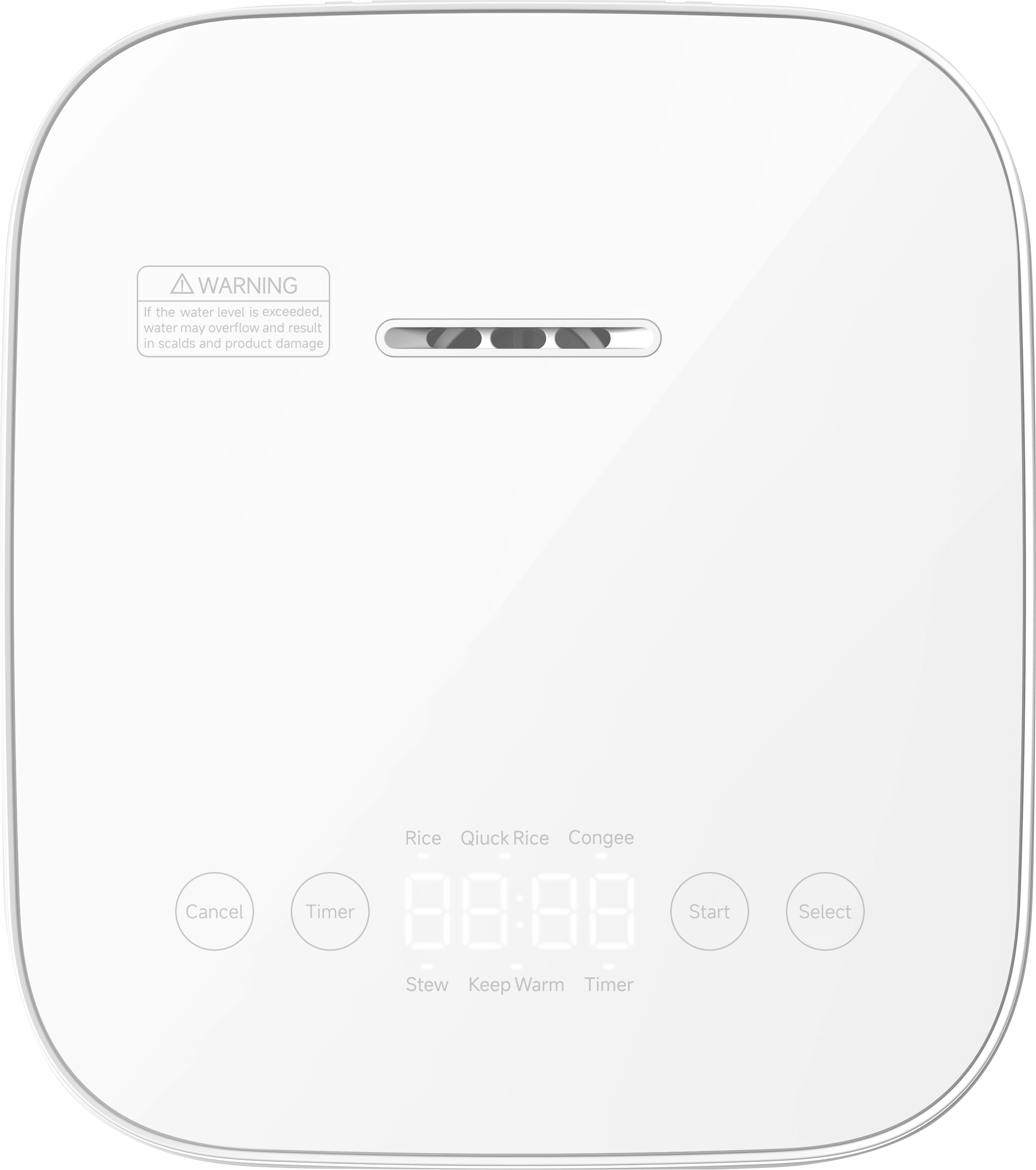 Cuociriso bianco con display, pulsanti ed etichetta di avvertimento.