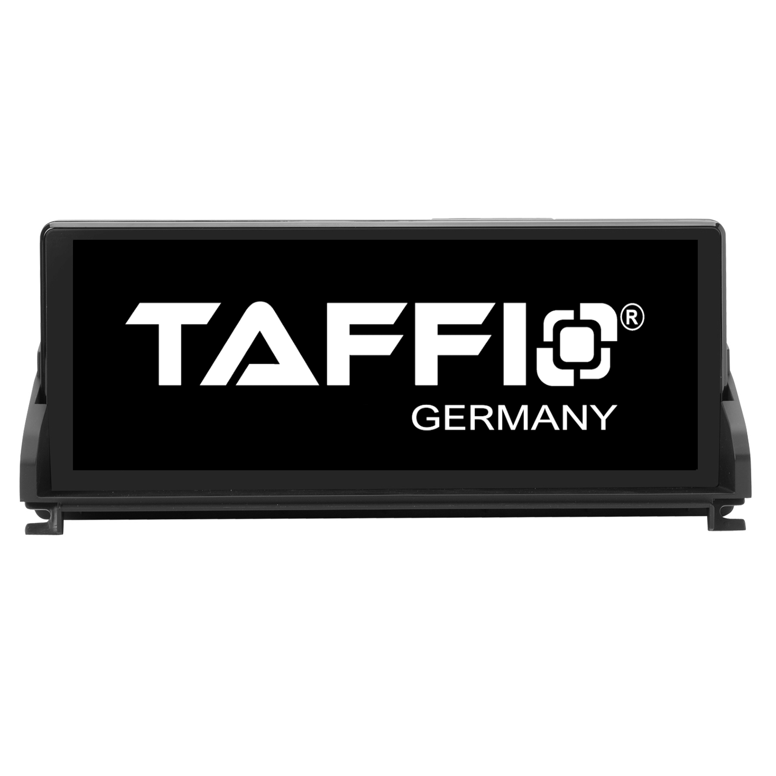 Ein schwarzer Bildschirm mit dem Text TAFFIO GERMANY in Weiß. Der Bildschirm steht auf einem schwarzen Ständer.