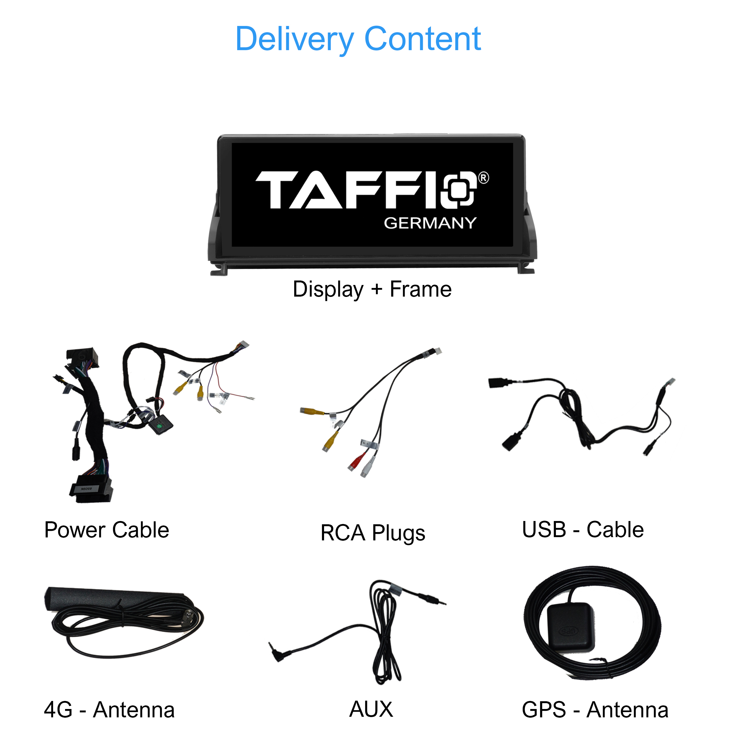 Lieferumfang: Auto-Display + Rahmen und Kabel (Strom, Cinch, USB, 4G, AUX, GPS-Antenne).