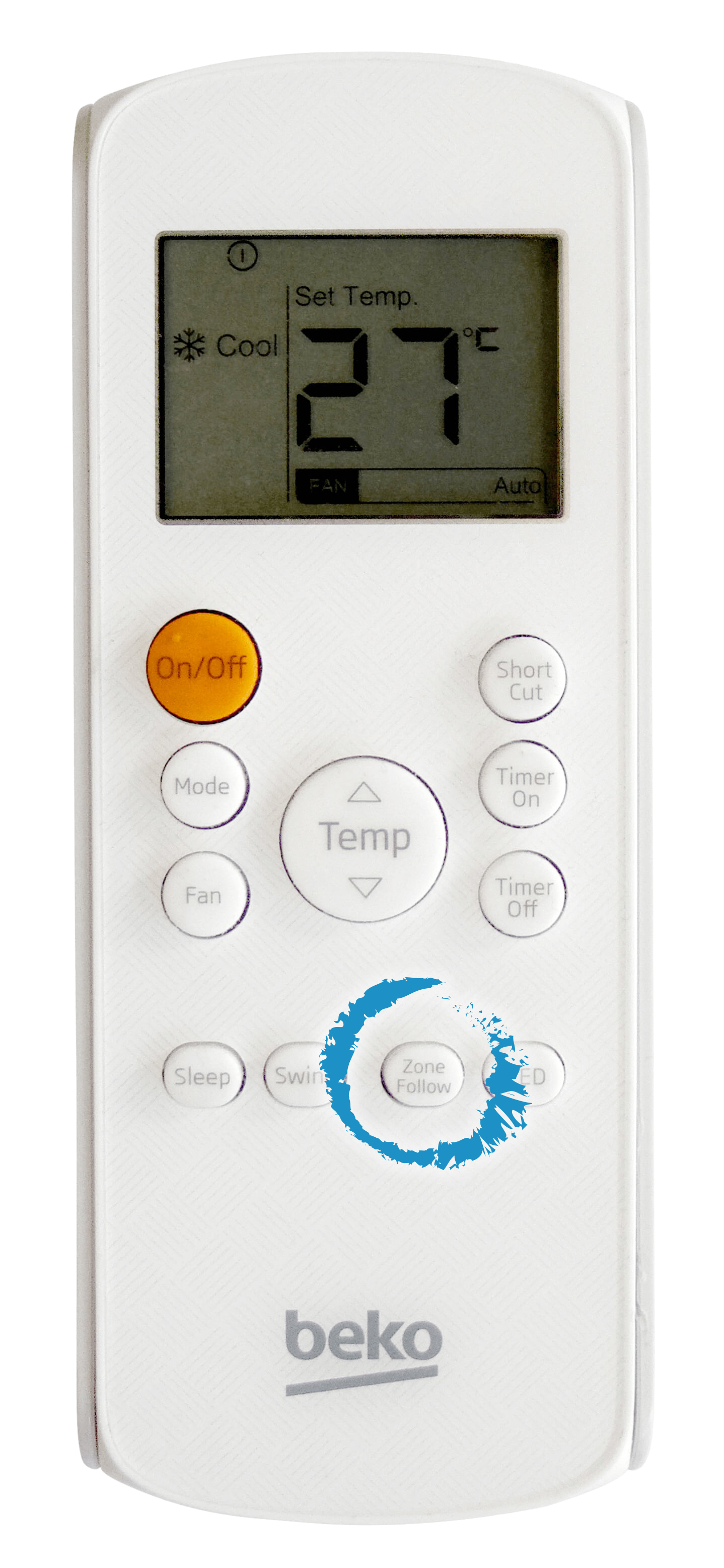Telecomando bianco con pulsanti e schermo che mostra la temperatura.