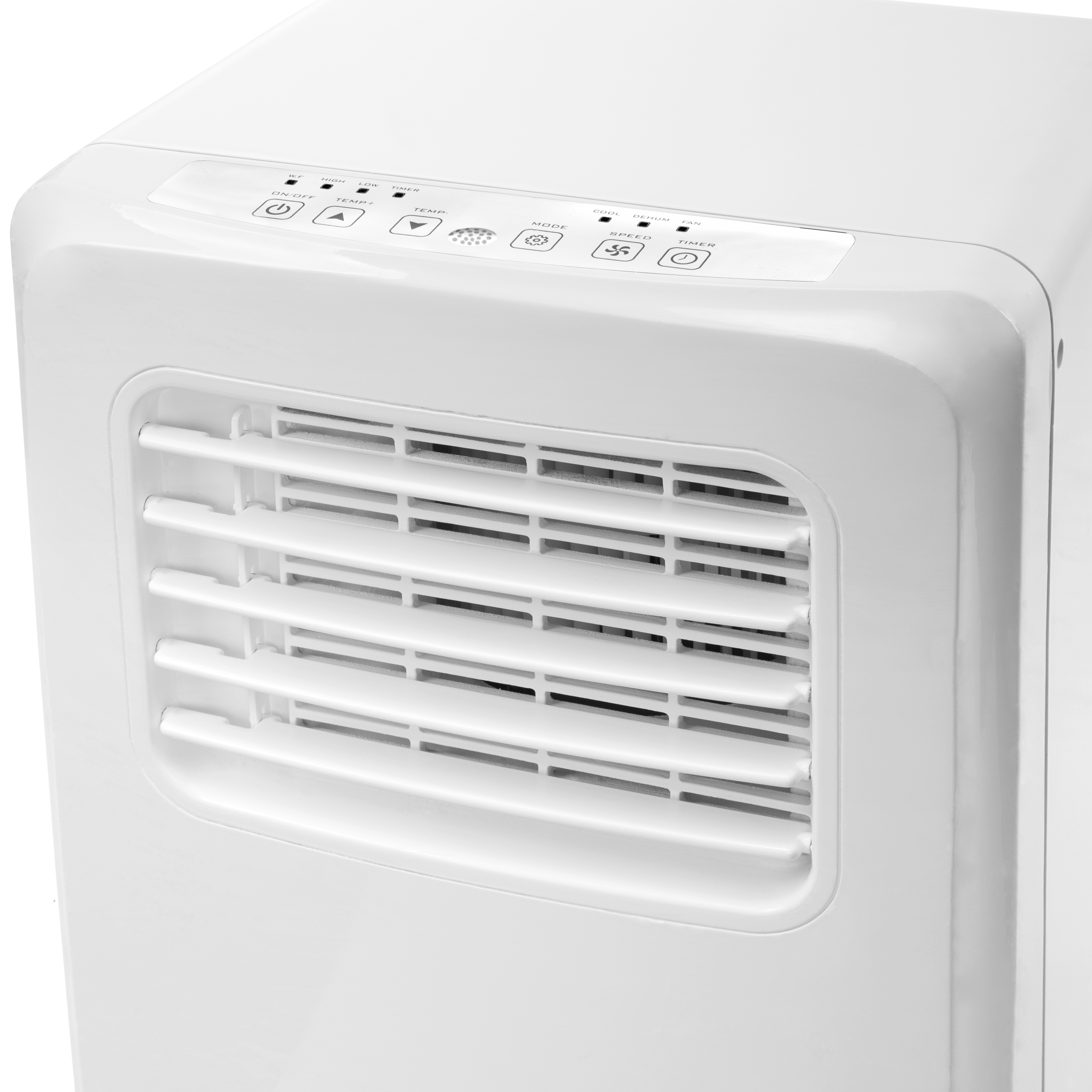 A white portable air conditioner with control panel buttons and horizontal vents.