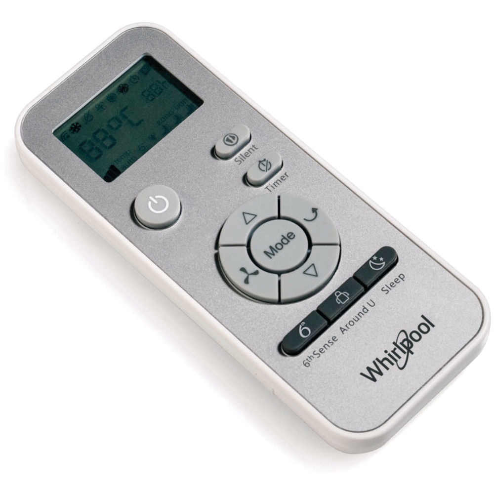 Un telecomando argentato con pulsanti, il marchio 'Whirlpool' e uno schermo che mostra numeri.