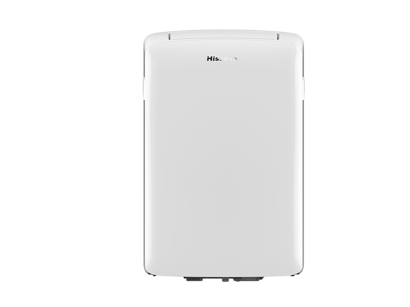 Un aire acondicionado Hisense blanco se alza verticalmente contra un fondo blanco. El logo de Hisense es visible.