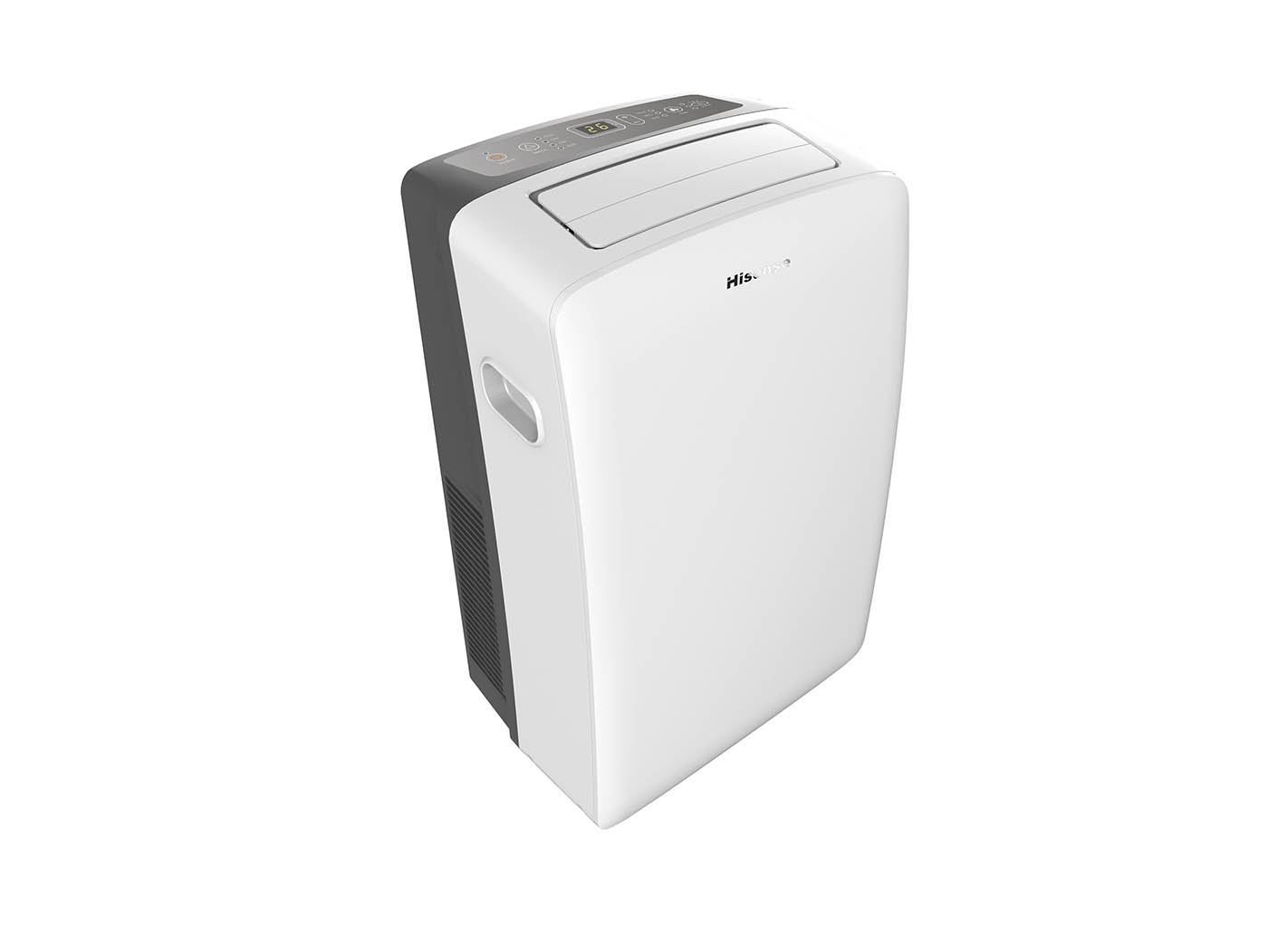 Aire acondicionado blanco y negro con la marca Hisense. Tiene una pantalla digital en la parte superior.