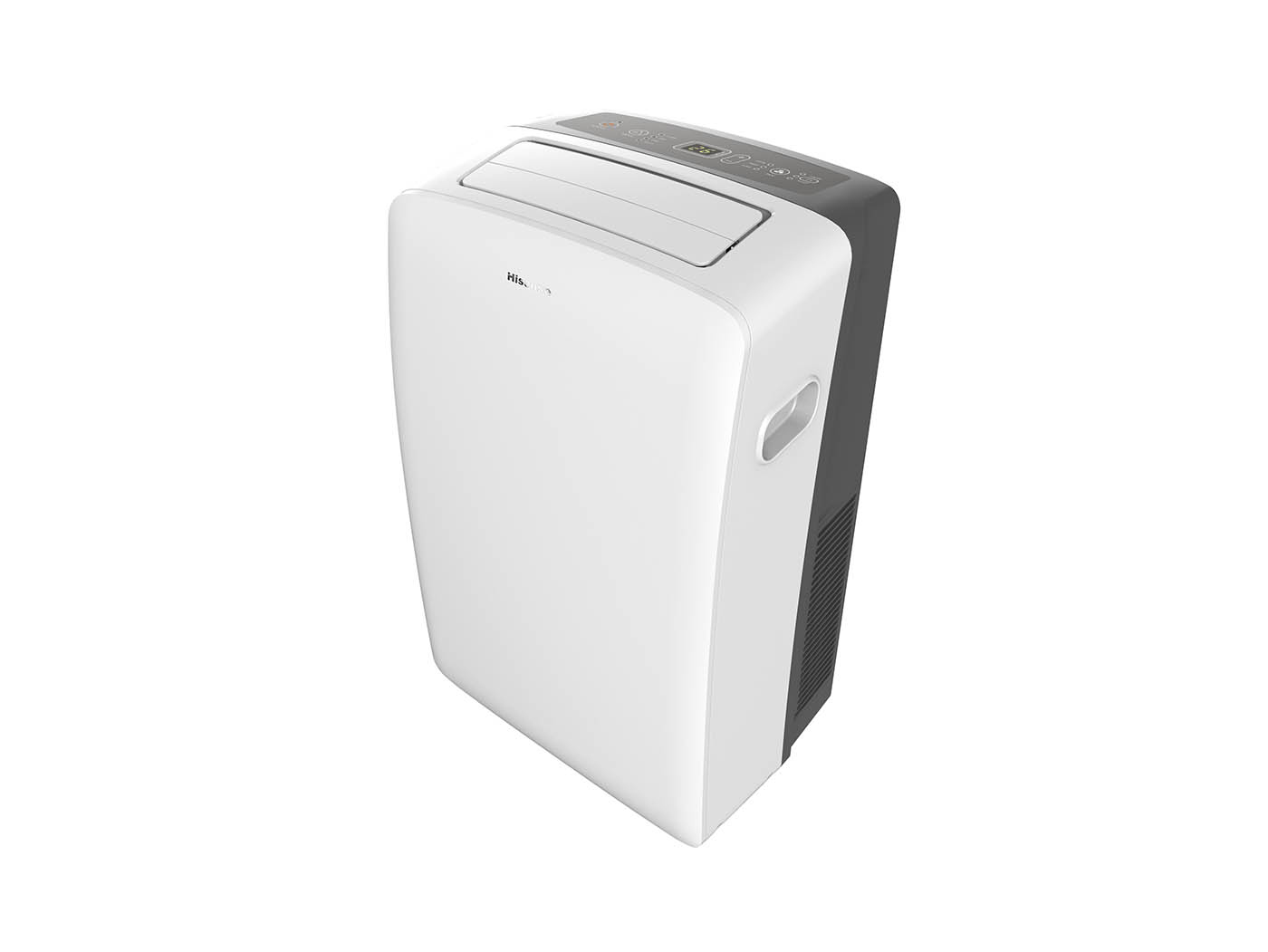 Aire acondicionado portátil blanco y gris. Tiene una salida de aire superior y panel de control.