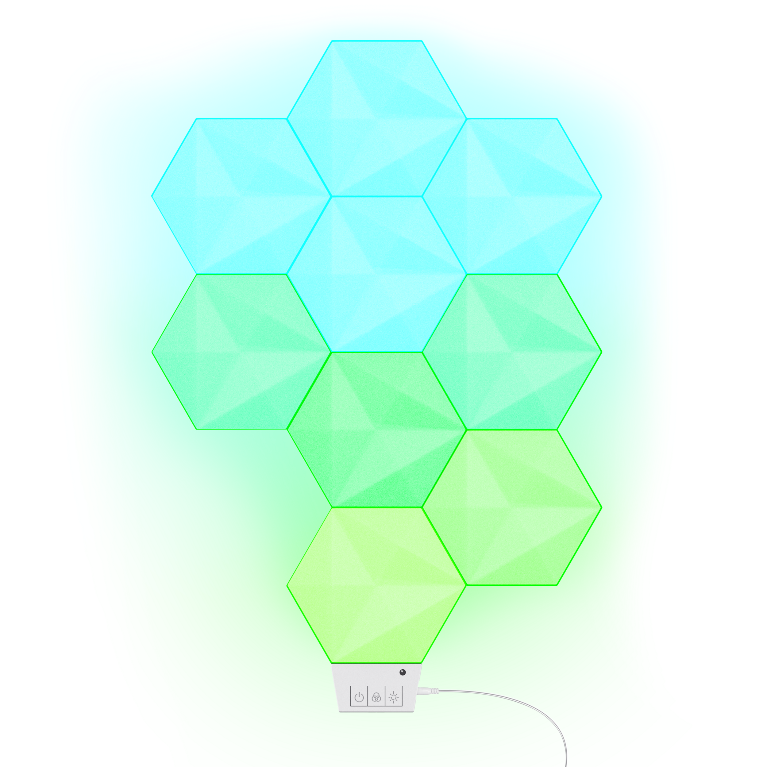 Sechseckige LED-Wandleuchten mit Bedienfeld, leuchtend blau und grün.