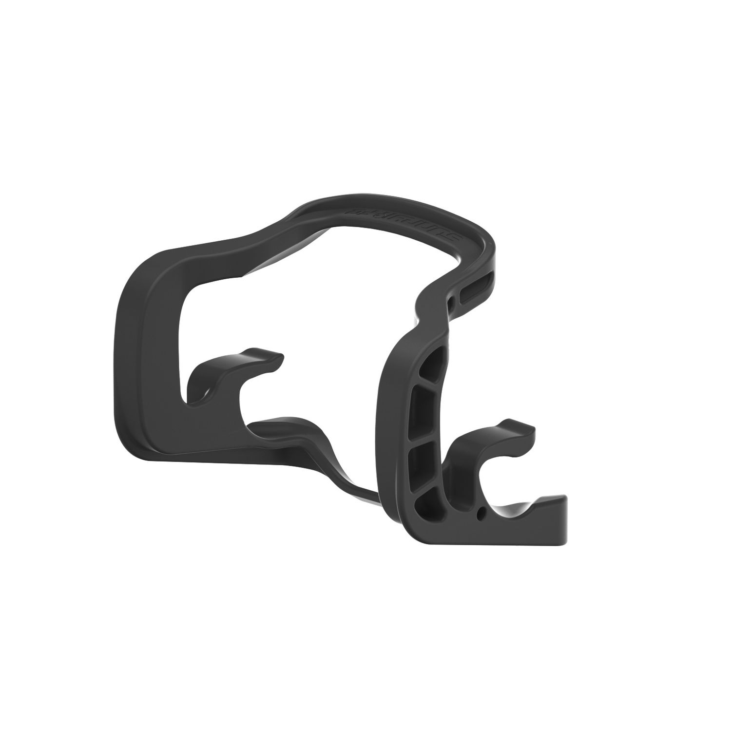 Un oggetto di plastica nera con un design curvo, con due ganci e una sezione arrotondata.