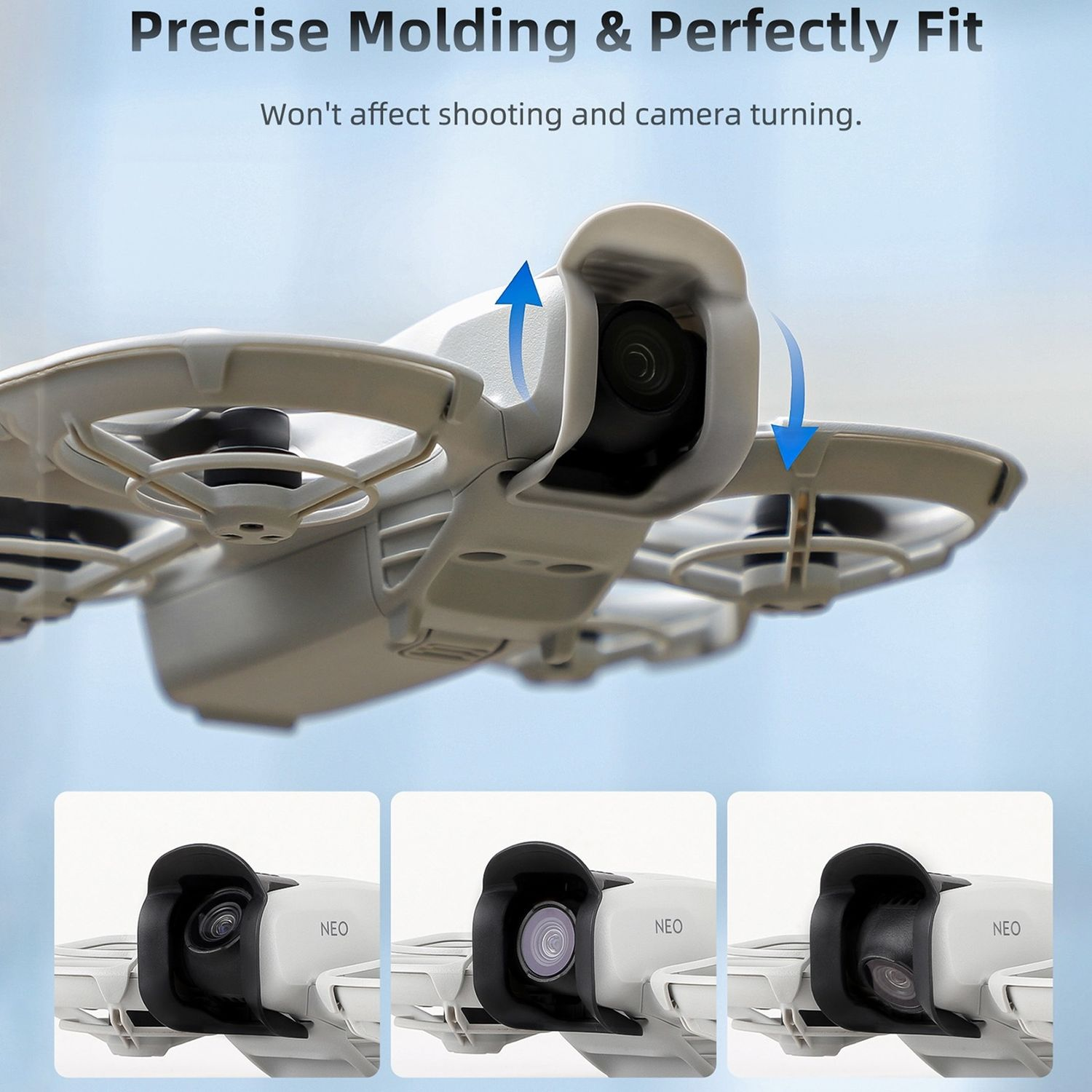 Primo piano di un drone bianco con tre coperture per fotocamera, testo: Stampaggio preciso e vestibilità perfetta.
