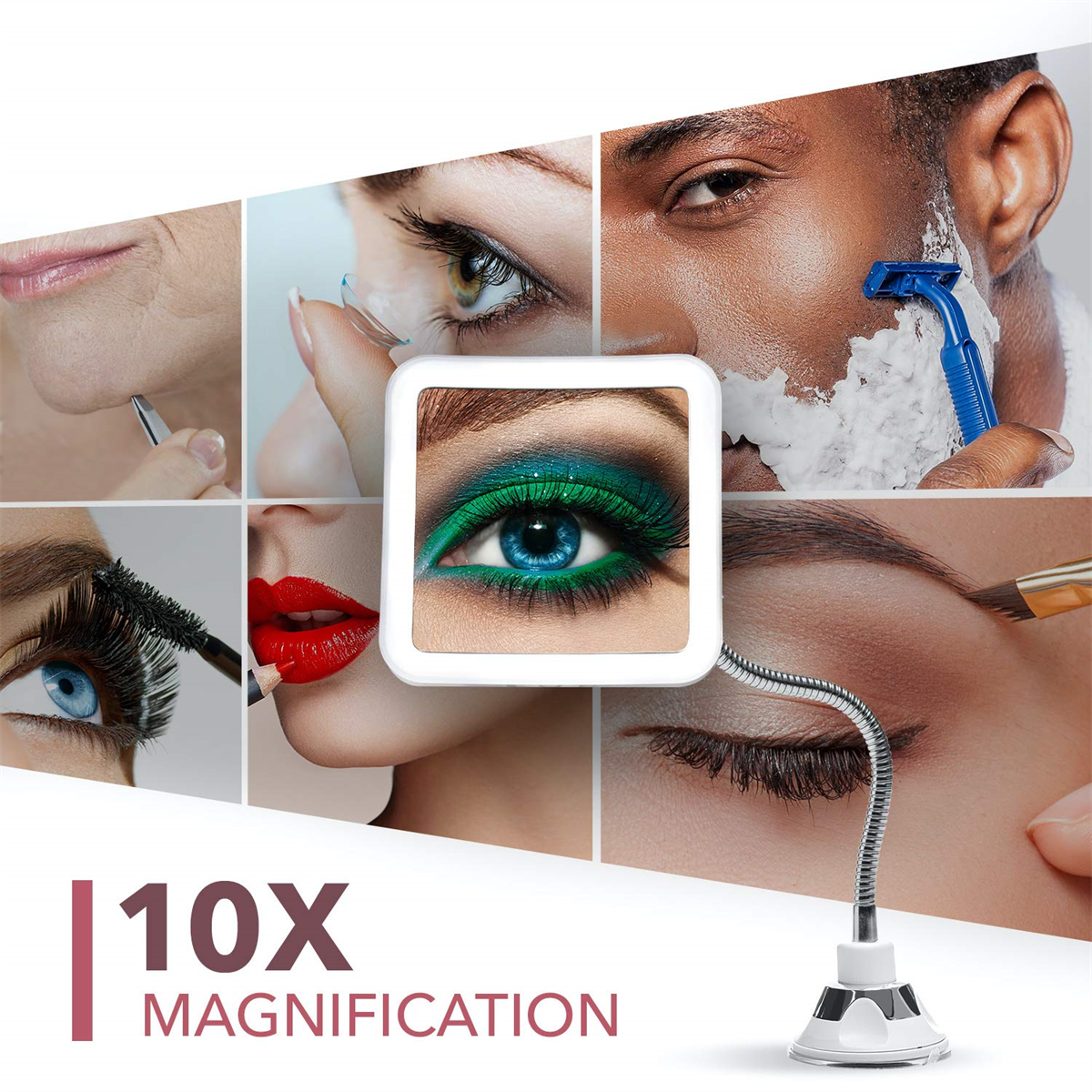 Schminkspiegel zeigt verschiedene Augen-Make-up-Anwendungen und Nahaufnahmen. 10X Vergrößerung.