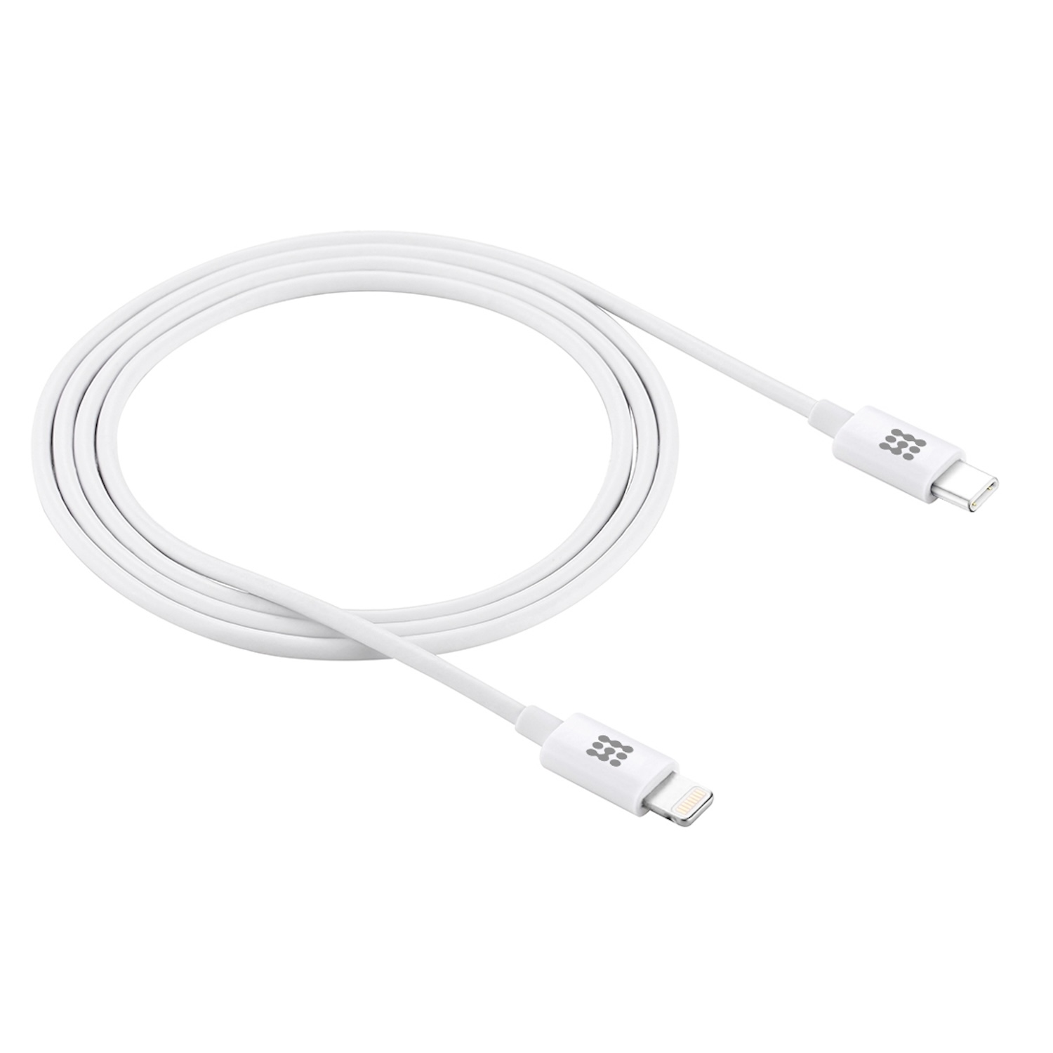 Weißes Ladekabel mit einem USB-C- und einem Lightning-Anschluss. Das Kabel ist verdreht.